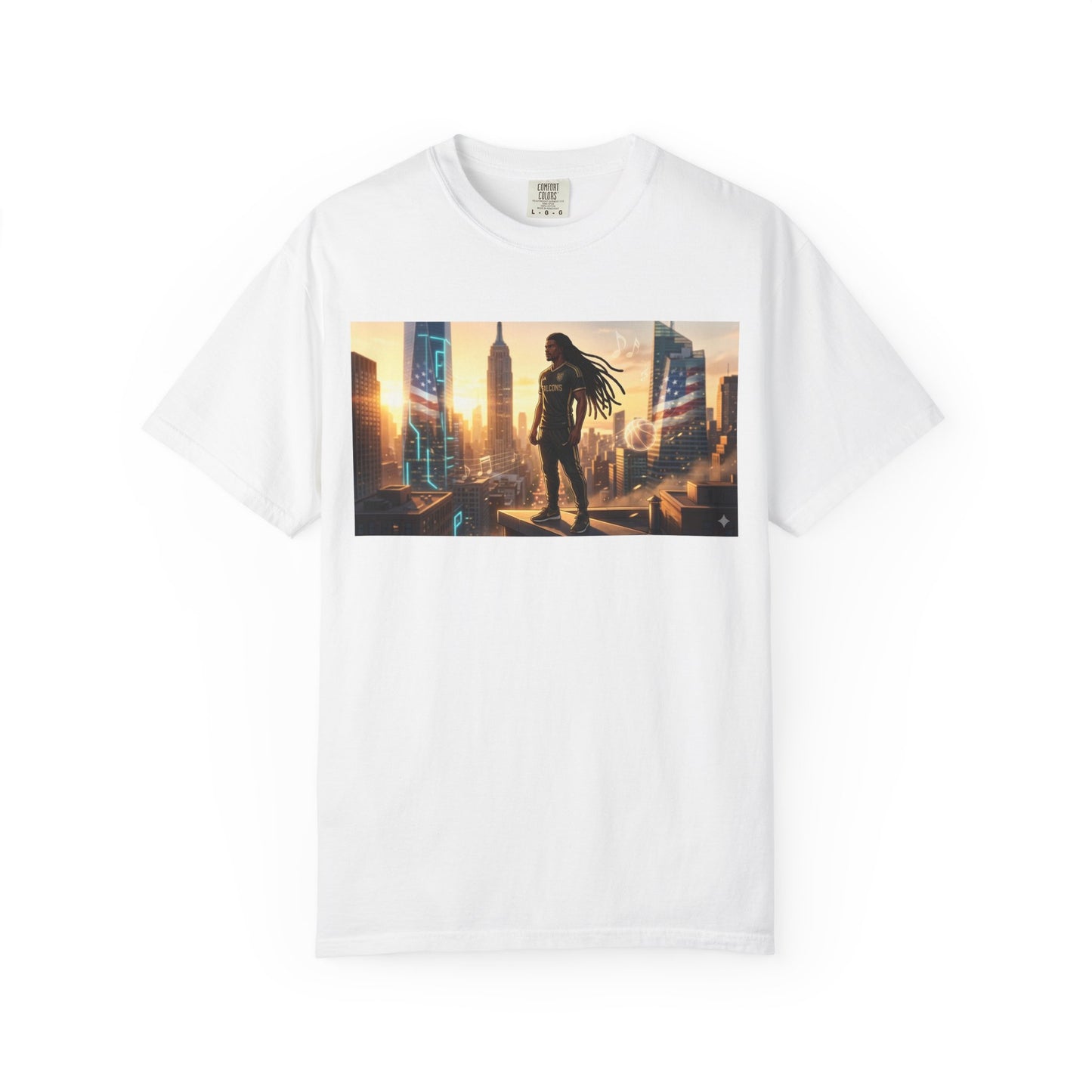 Cyberpunk Cityscape T-Shirt — Silhouette Hero at Sunset