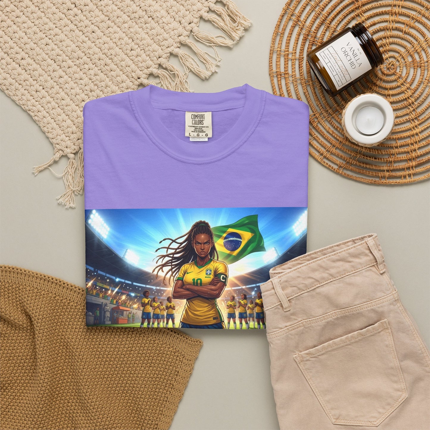 Brazil Soccer Captain T-Shirt — Player Holding Ball with Brazilian Flag Stadium Graphic