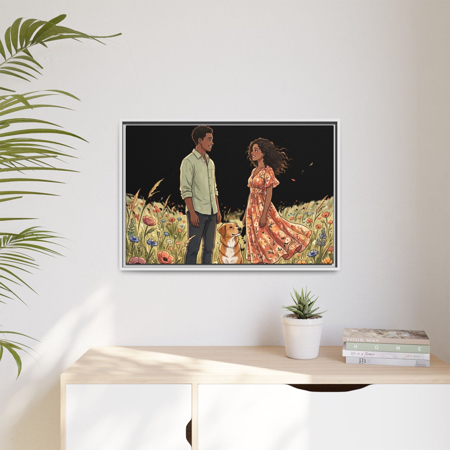Framed Matte Canvas Print — Romantic Couple in Wildflower Field (Multi‑Color)