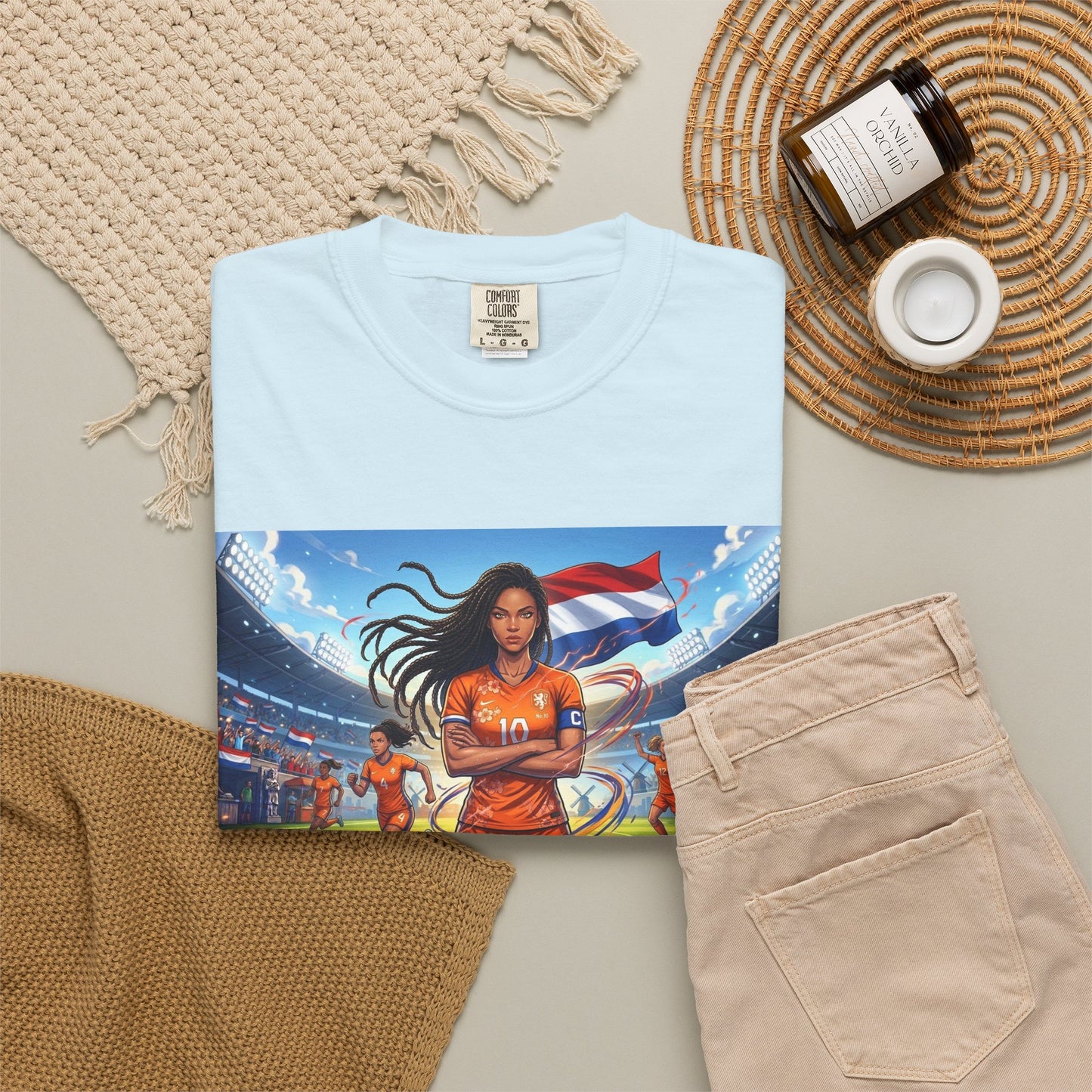 Soccer Warrior T-Shirt — Netherlands Female Captain with Flag Stadium Graphic