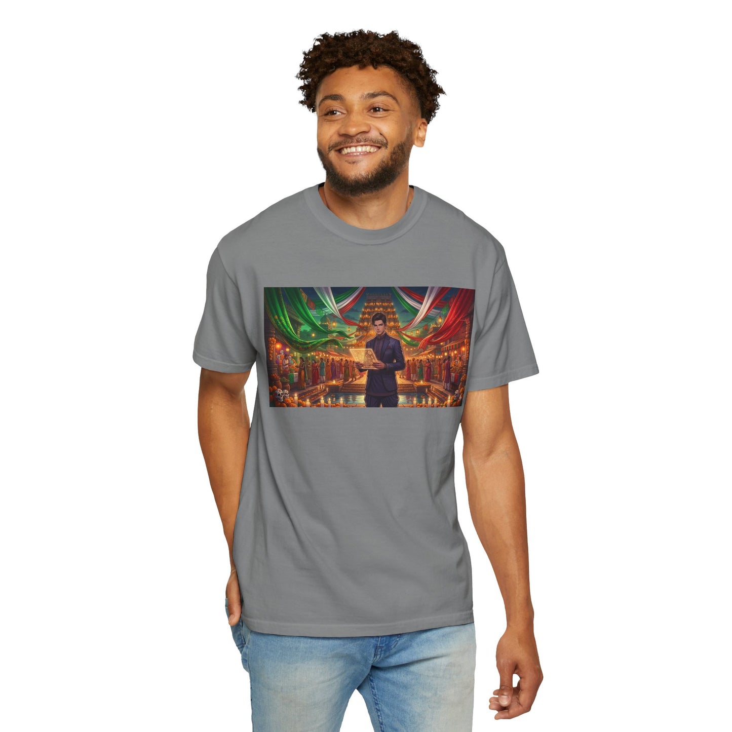 T-Shirt — Dragon Temple Night Scene Graphic Tee (Monk with Dragons)