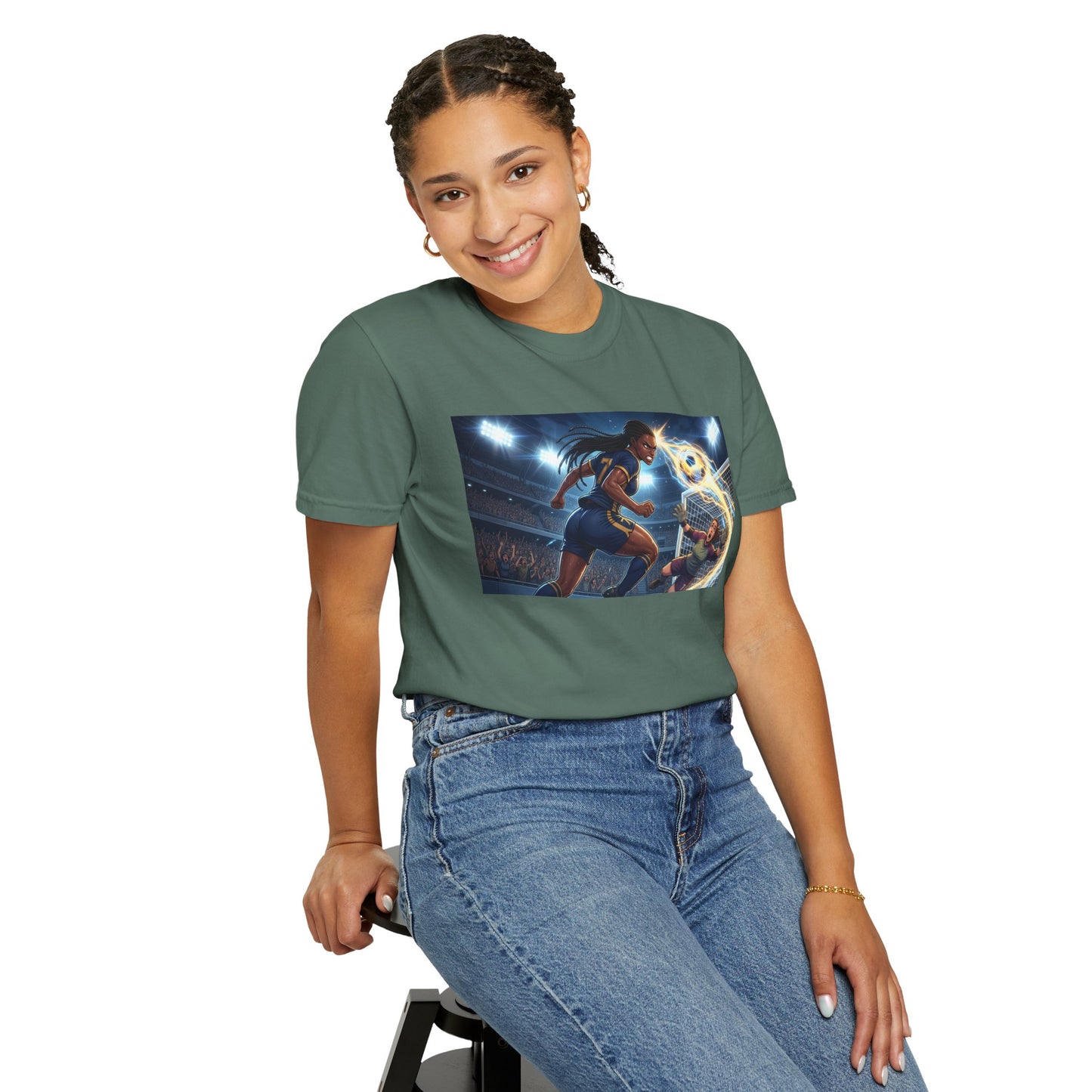 Soccer Duel Graphic T-Shirt — Futuristic Goalkeeper vs Striker Stadium Print