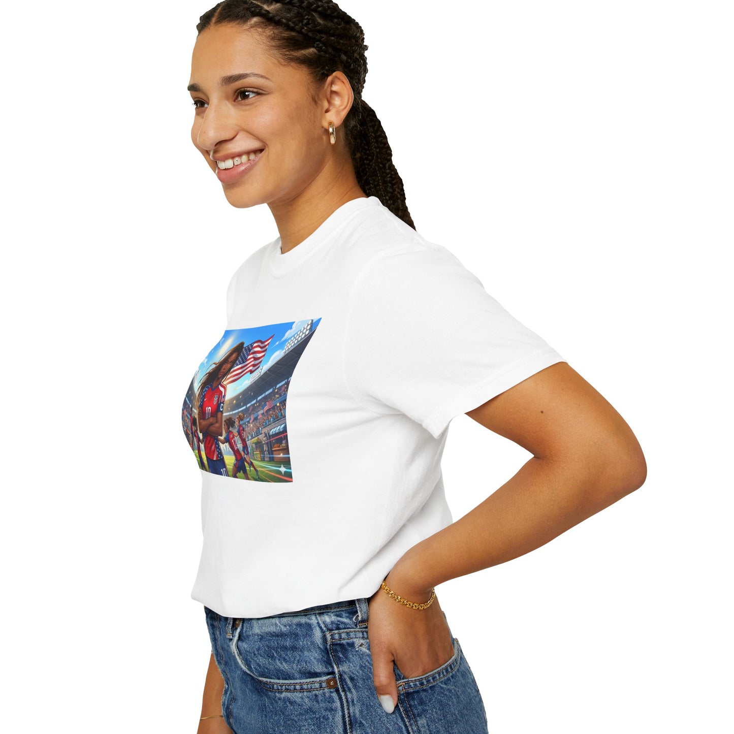 Soccer Mom USA T-Shirt — Female Soccer Player with American Flag Stadium Graphic