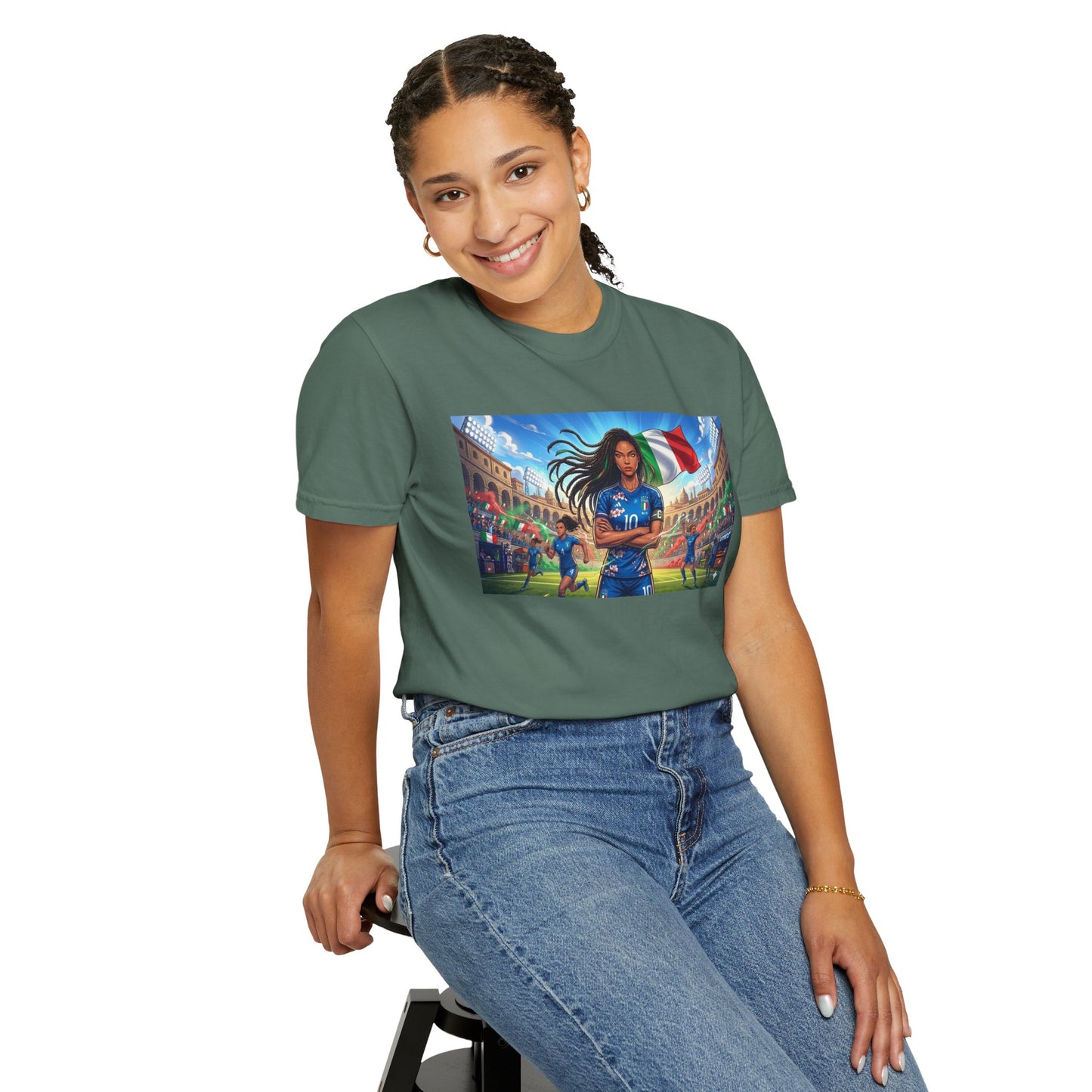 Italian Soccer Fan T‑Shirt – Inspirational Female Player with Italy Flag Stadium Print