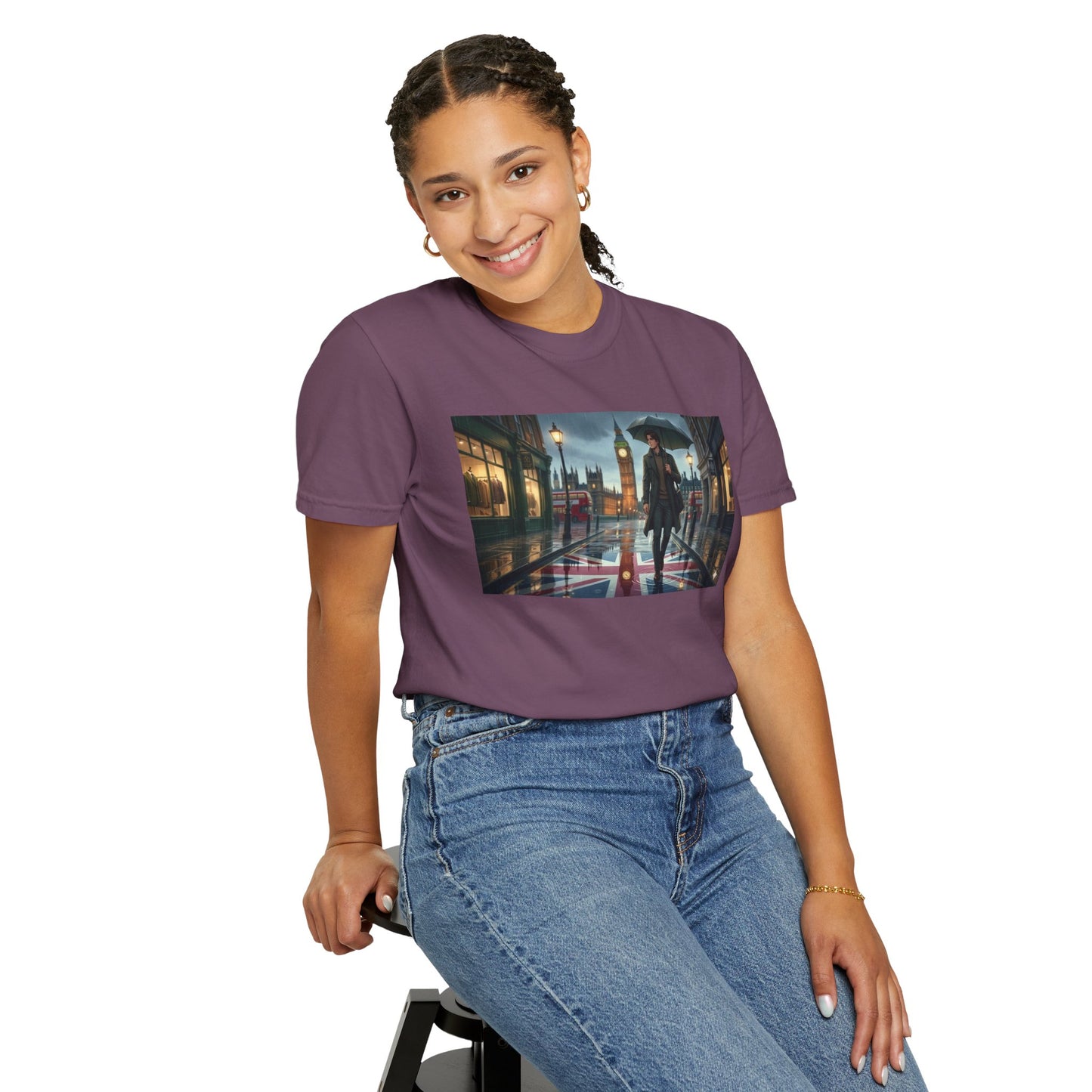 T-Shirt — Rainy London Street Scene Graphic Tee (Big Ben, Umbrella, Night Cityscape)