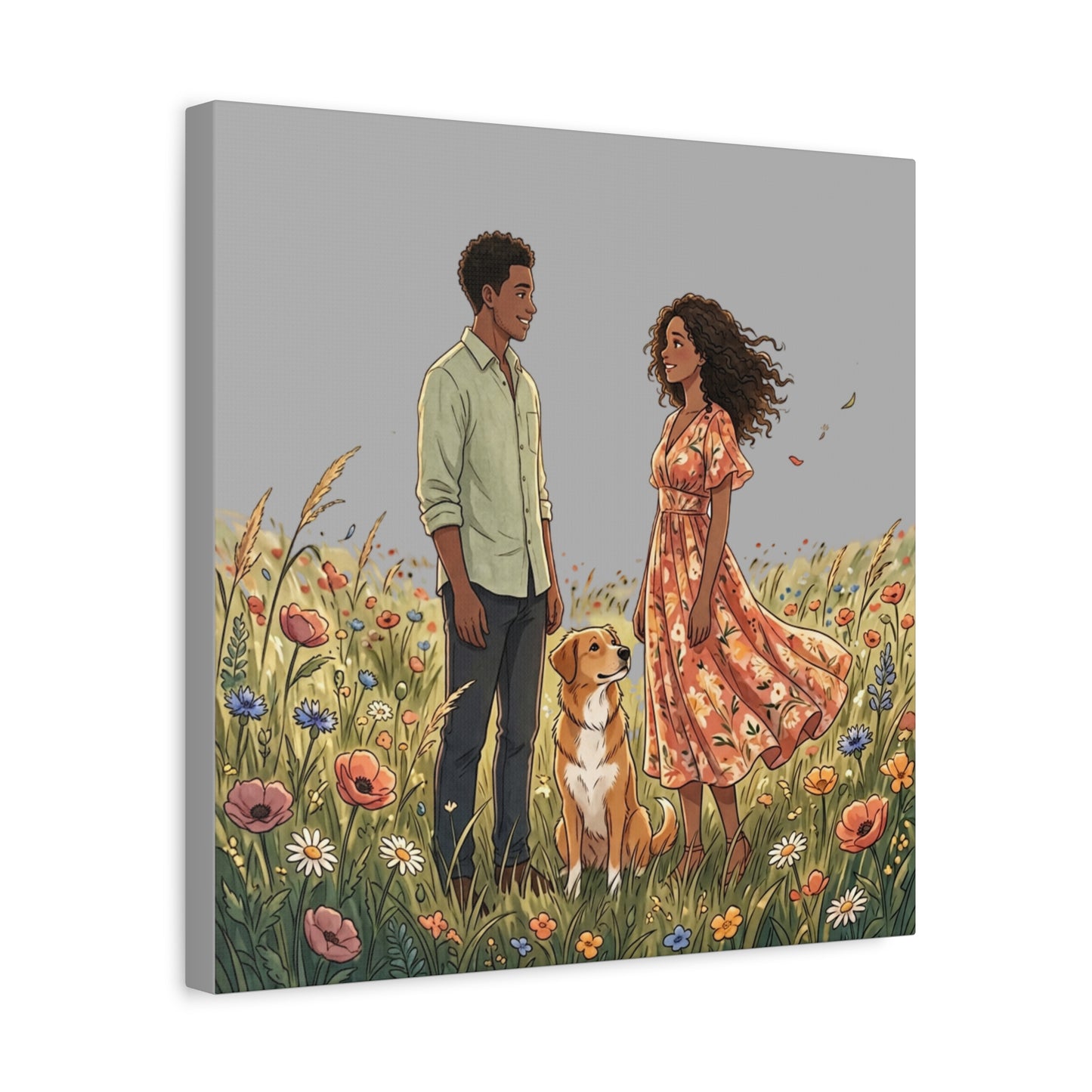Romantic Couple in Wildflower Field Canvas Art — Black Love Wall Decor with Dog