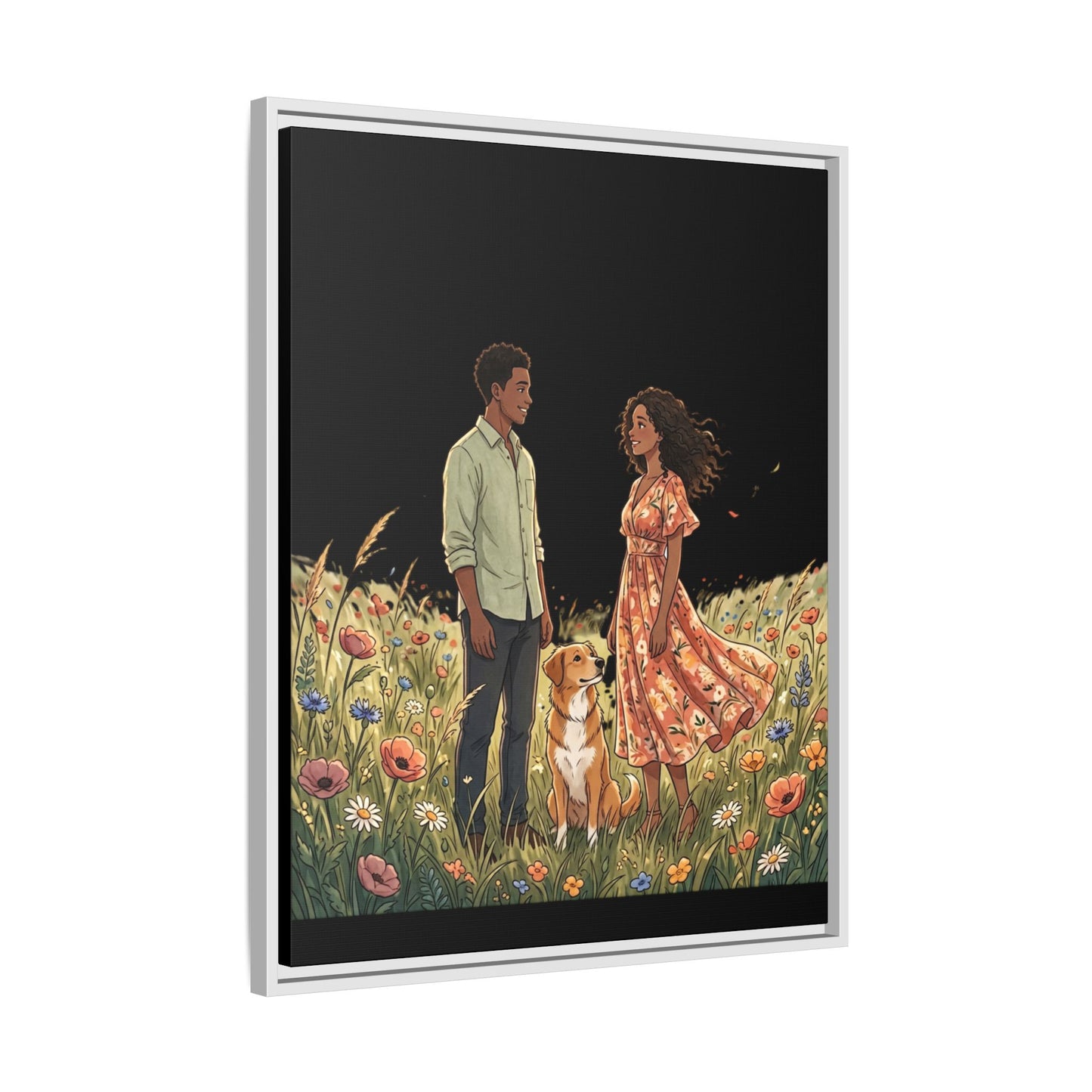 Framed Matte Canvas Print — Romantic Couple in Wildflower Field (Multi‑Color)