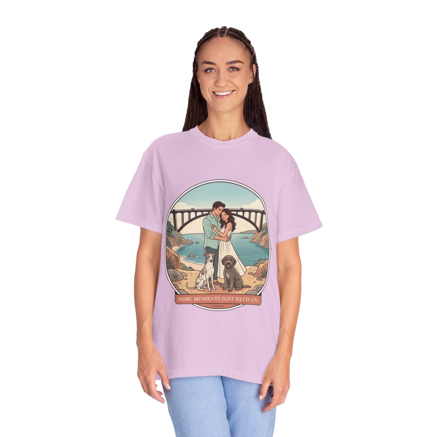 T-Shirt — Romantic Coastal Couples Tee “Some Moments Are Forever” with Dogs