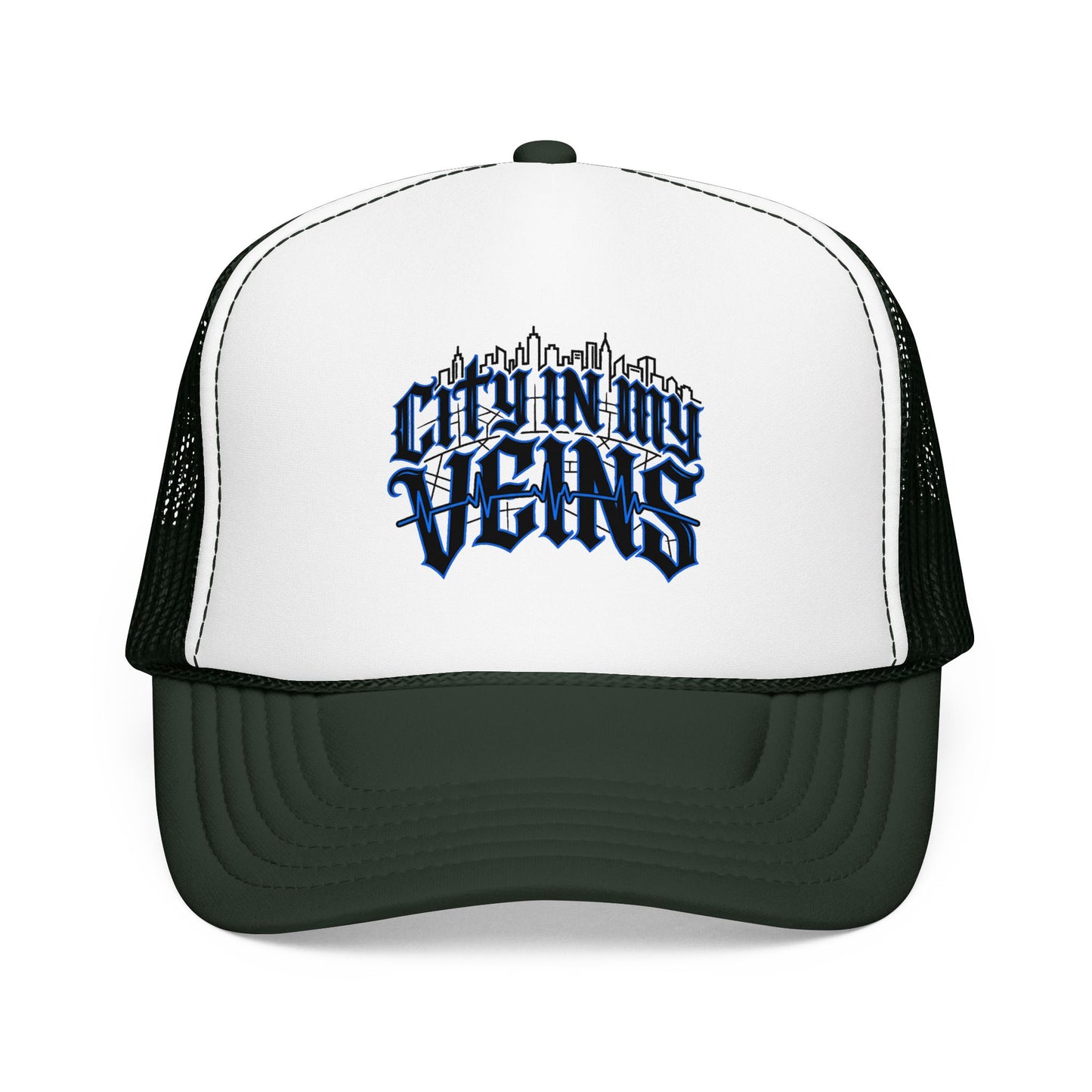 City In My Veins Foam Trucker Hat — Urban Gothic Blue Embroidered Cap