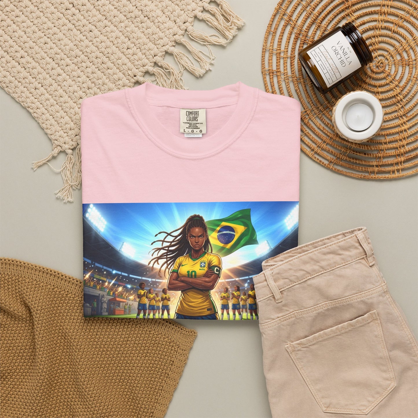 Brazil Soccer Captain T-Shirt — Player Holding Ball with Brazilian Flag Stadium Graphic