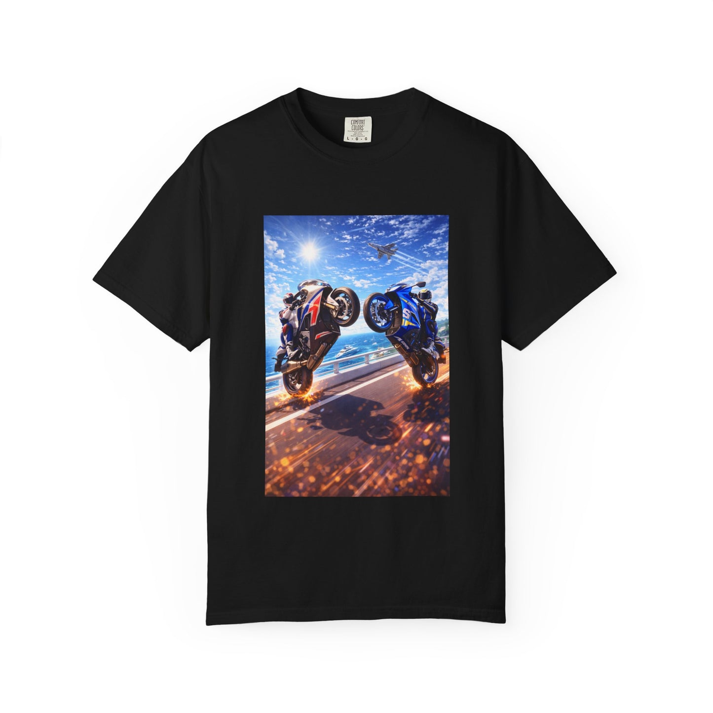 Stunt Riders Motorcycle T-Shirt — Two Bike Wheelie Racing Graphic Tee
