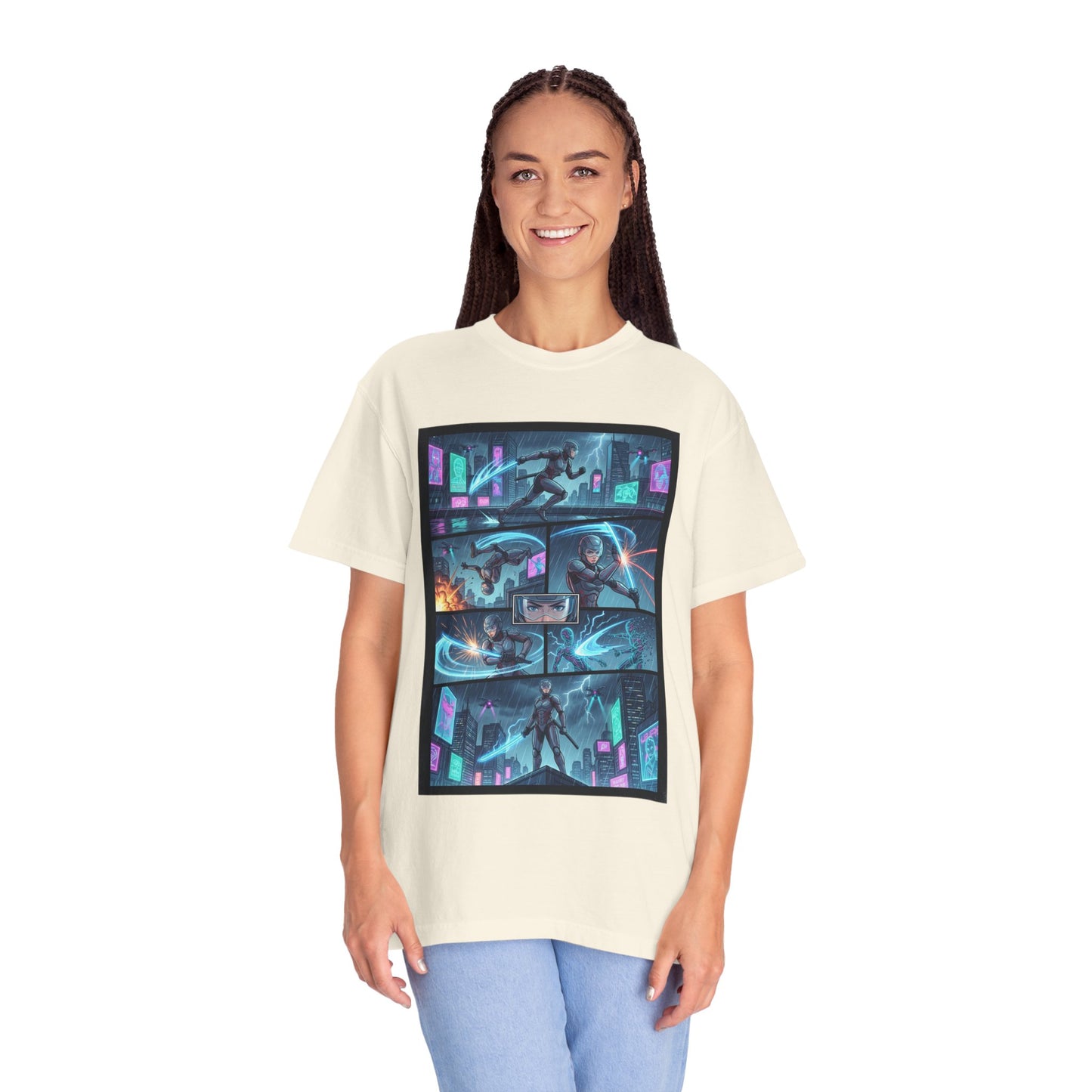 Cyberpunk Girl Samurai T-Shirt — Neon Manga Panel Graphic Tee