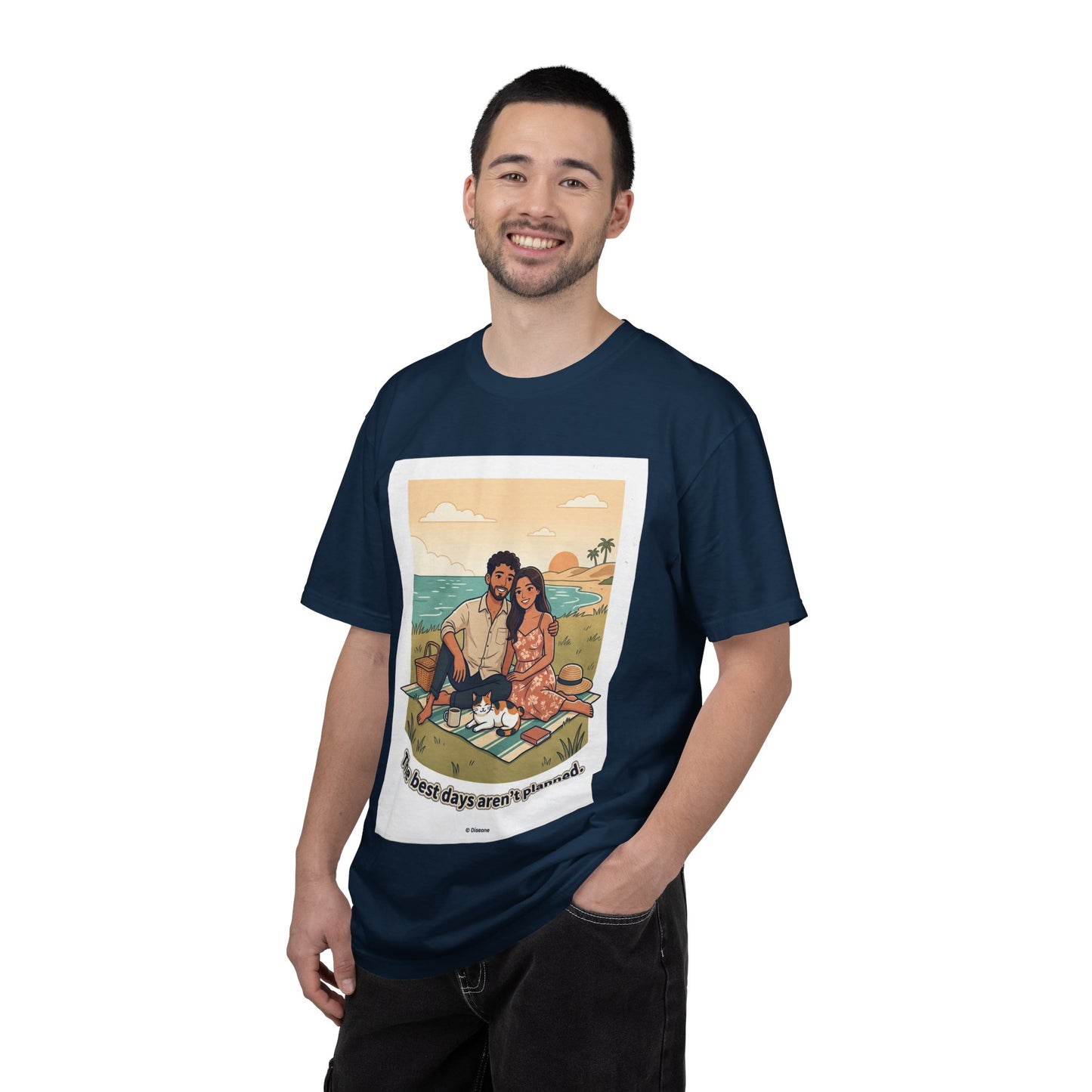 Beach Picnic Couple T‑Shirt — “The best days aren’t planned.” Relaxed Vacation Tee