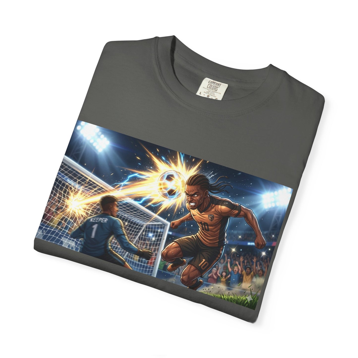 Soccer Goal Celebration T-Shirt — Action Football Scene Graphic Tee