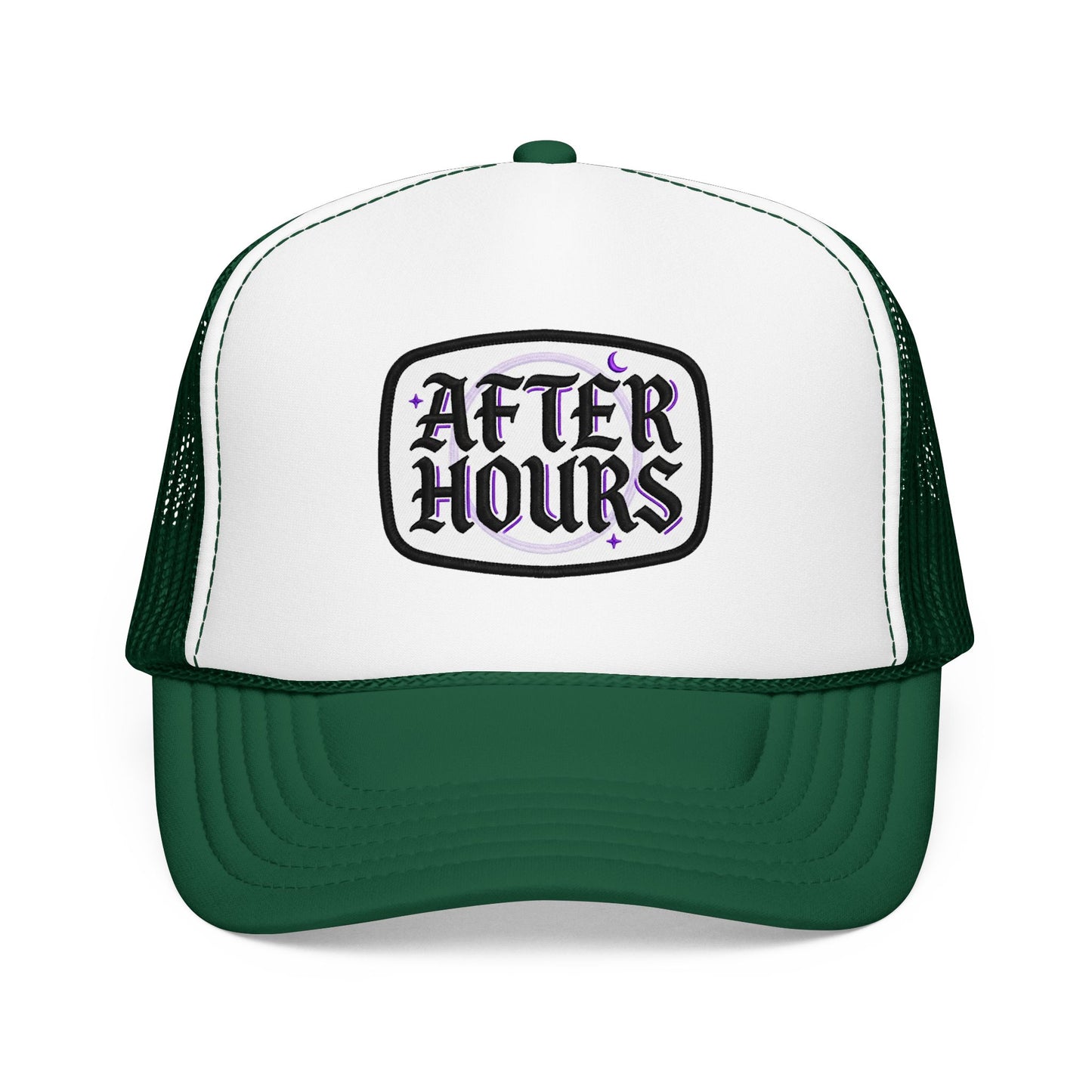After Hours Foam Trucker Hat – Retro Gothic Embroidered Patch Cap