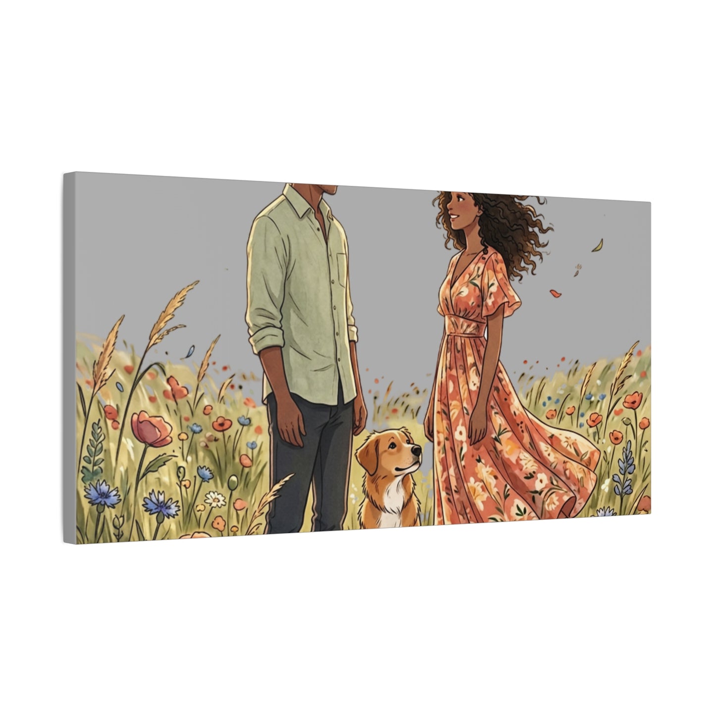 Romantic Couple in Wildflower Field Canvas Art — Black Love Wall Decor with Dog