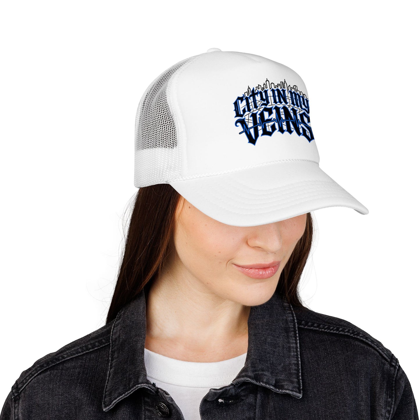 City In My Veins Foam Trucker Hat — Urban Gothic Blue Embroidered Cap