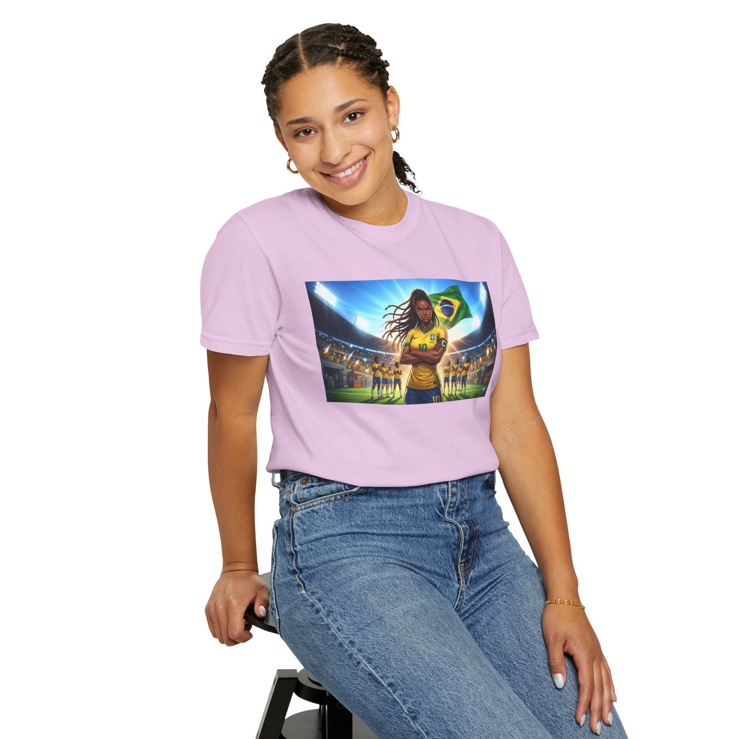 Brazil Soccer Captain T-Shirt — Player Holding Ball with Brazilian Flag Stadium Graphic