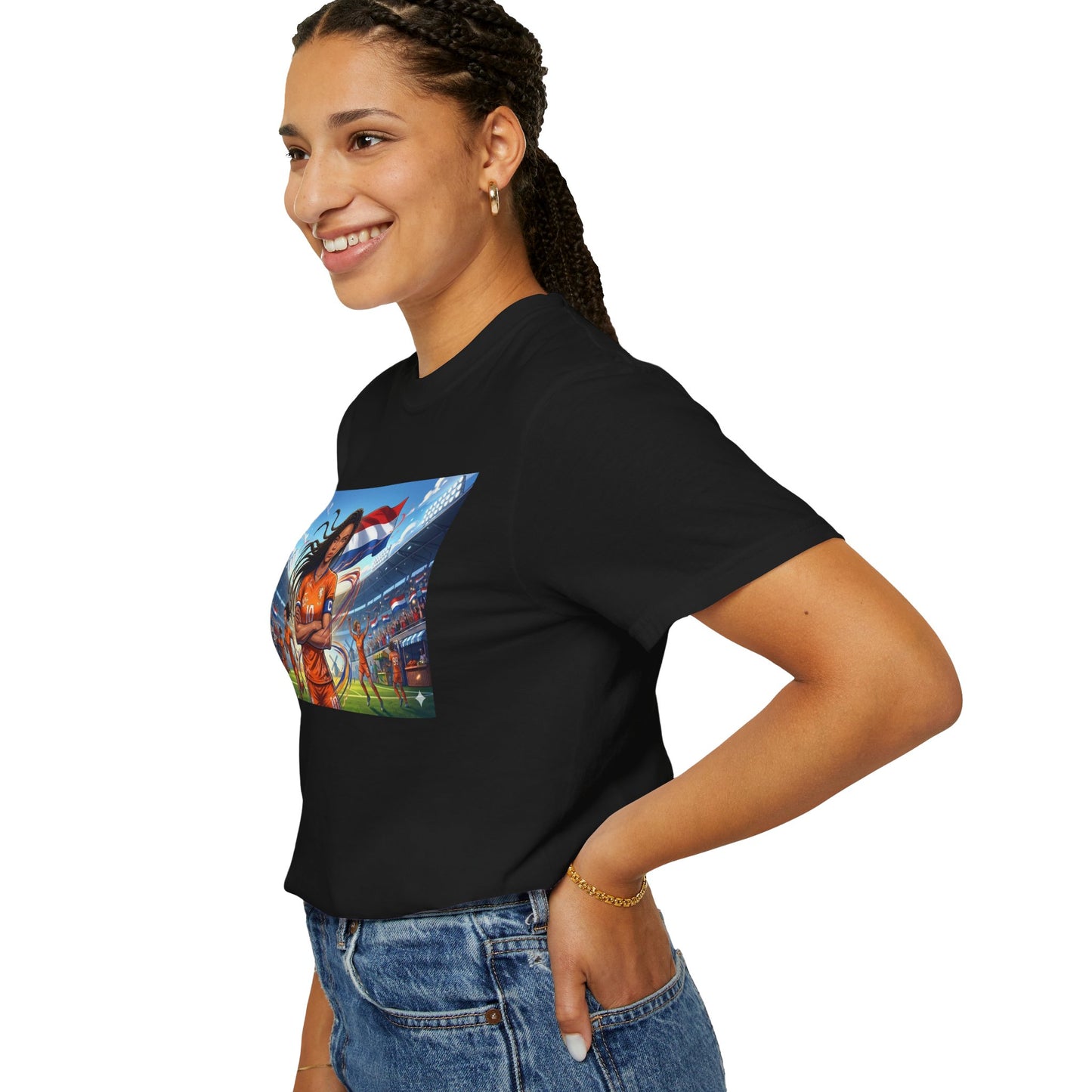 Soccer Warrior T-Shirt — Netherlands Female Captain with Flag Stadium Graphic