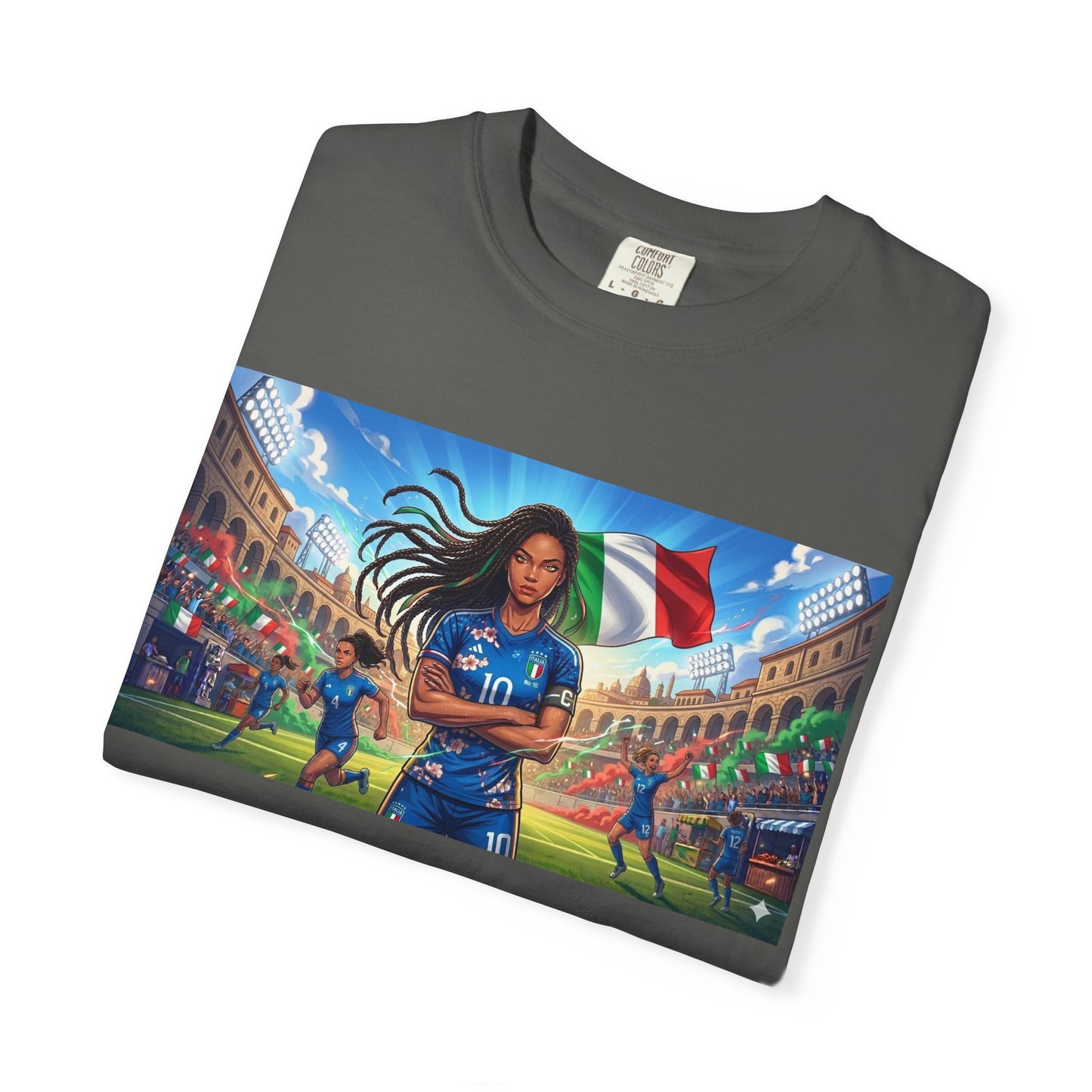 Italian Soccer Fan T‑Shirt – Inspirational Female Player with Italy Flag Stadium Print