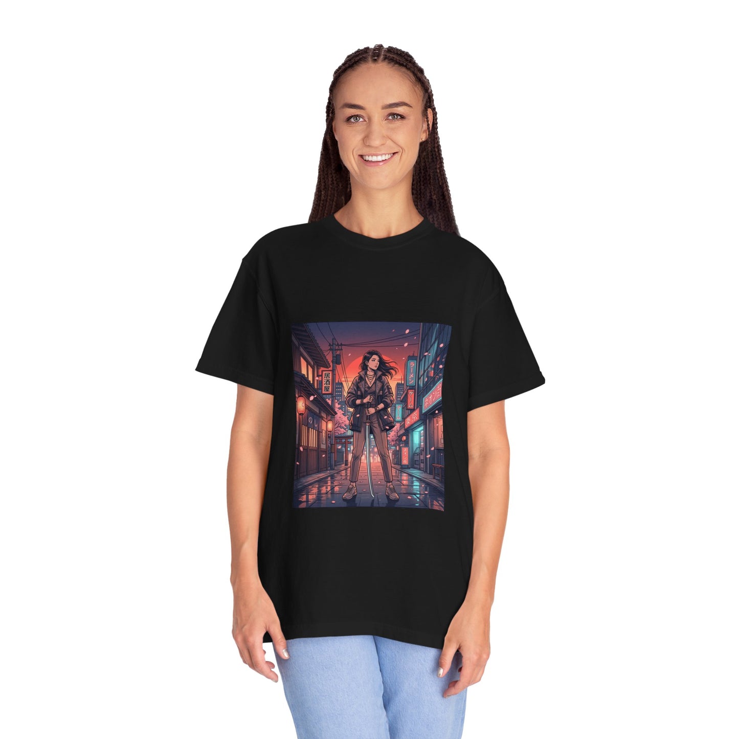 Cyberpunk Night Streets T‑Shirt — Neon Samurai Girl Graphic Tee