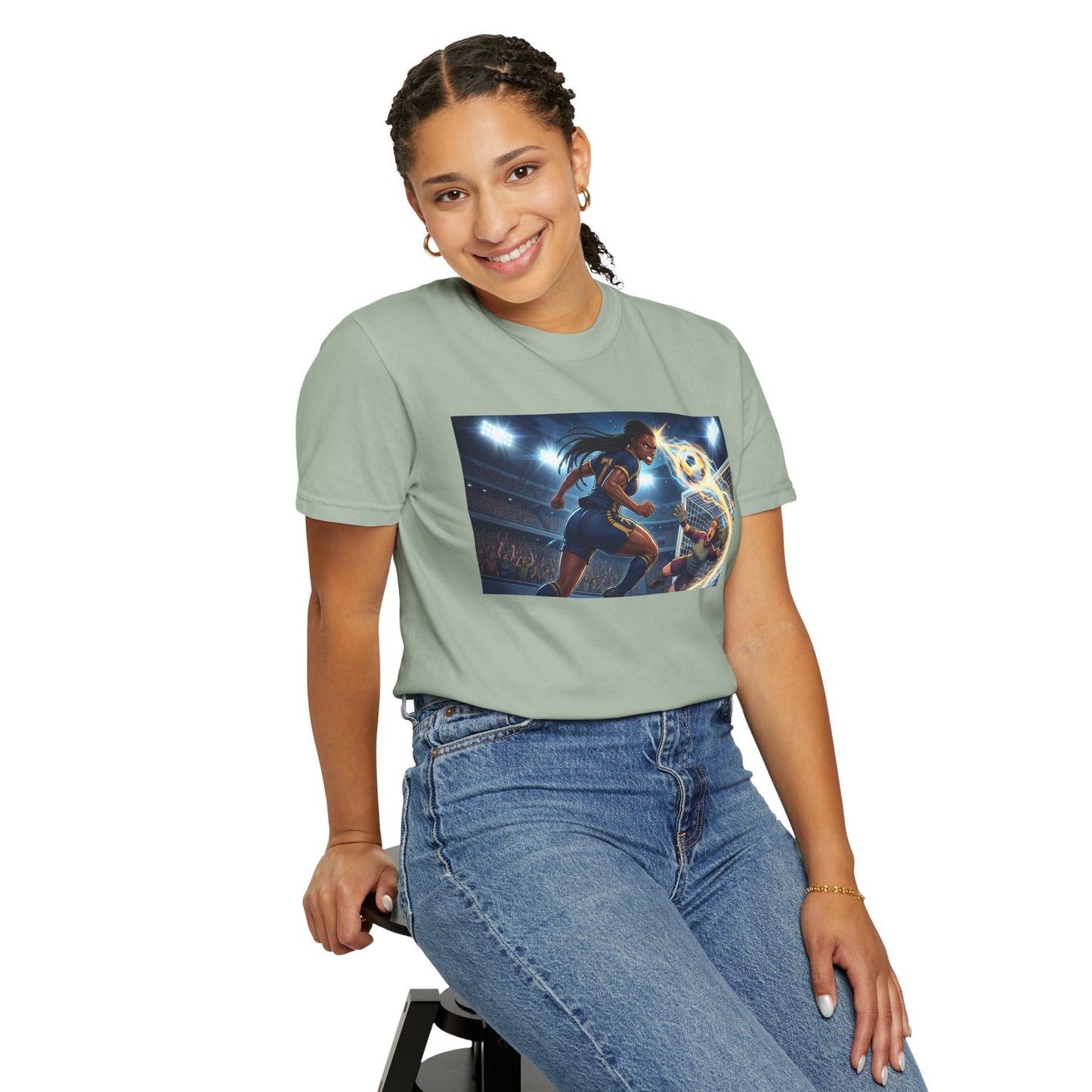 Soccer Duel Graphic T-Shirt — Futuristic Goalkeeper vs Striker Stadium Print