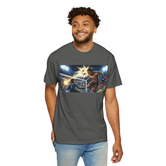 Soccer Goal Celebration T-Shirt — Action Football Scene Graphic Tee