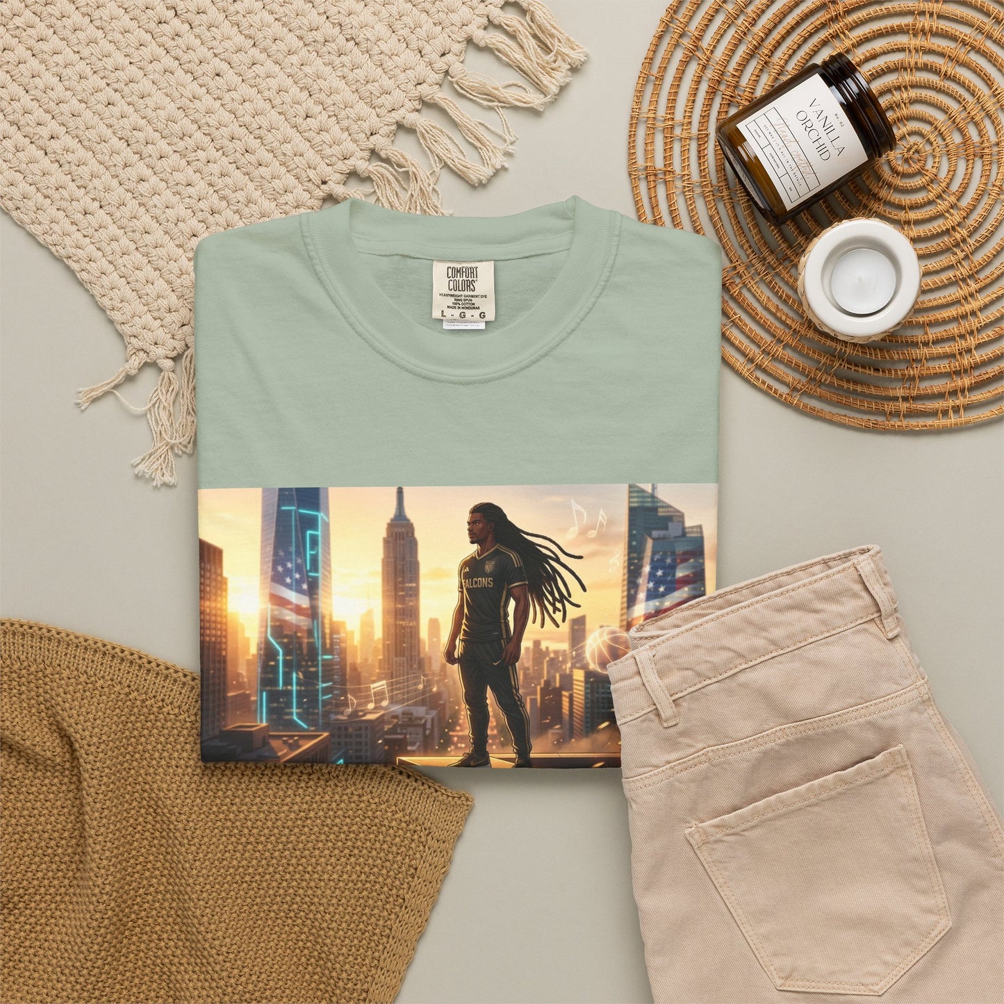 Cyberpunk Cityscape T-Shirt — Silhouette Hero at Sunset