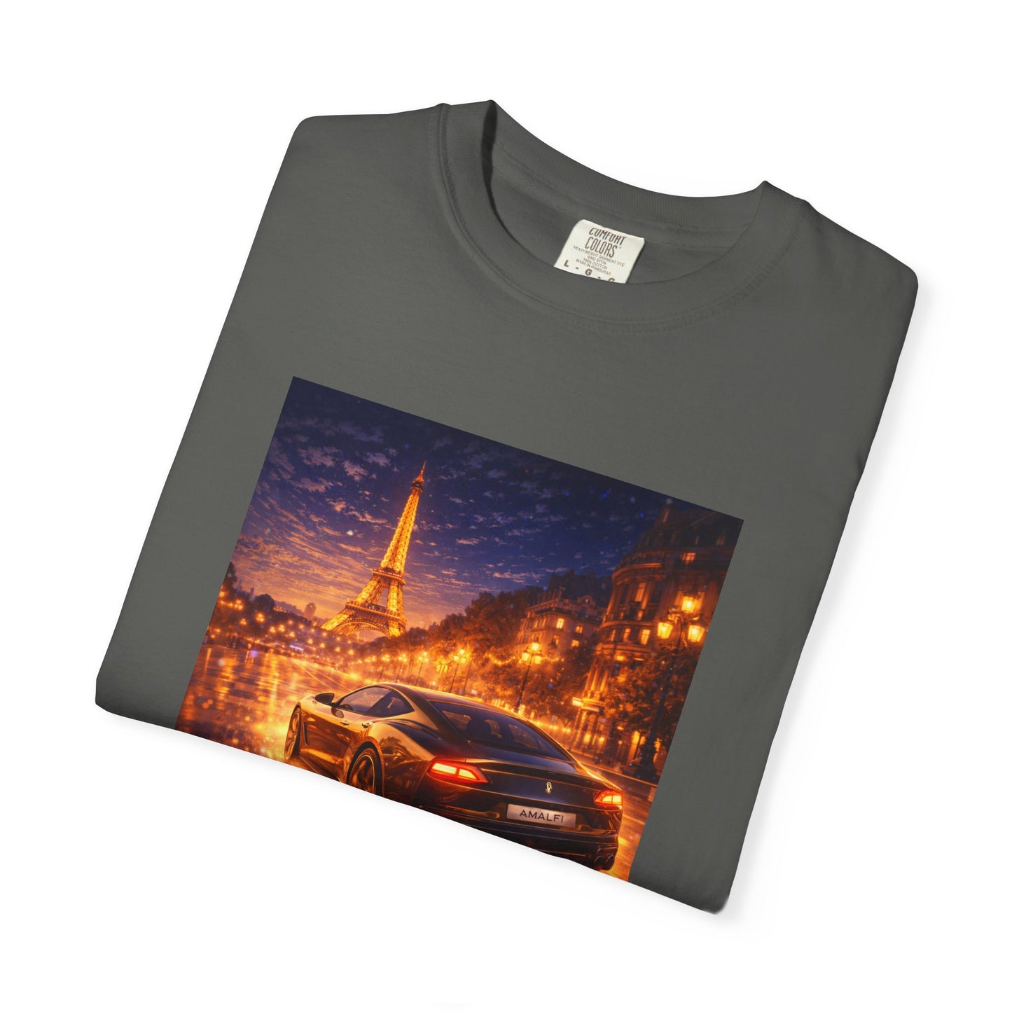 Paris Night Drive T-Shirt — Sports Car in Rainy Cityscape