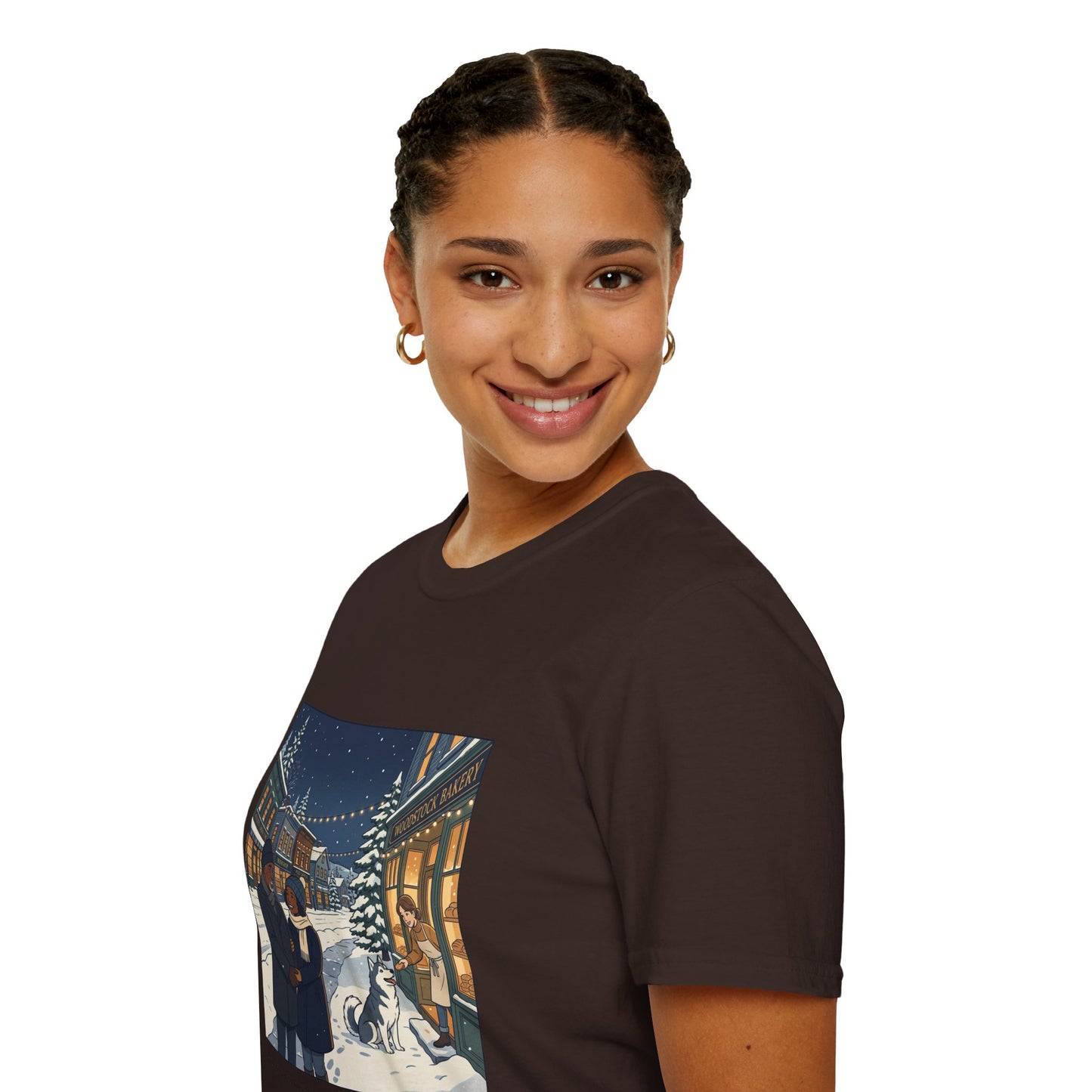 Winter String Lights Stroll T-Shirt — Cozy Holiday Street Scene Graphic Tee