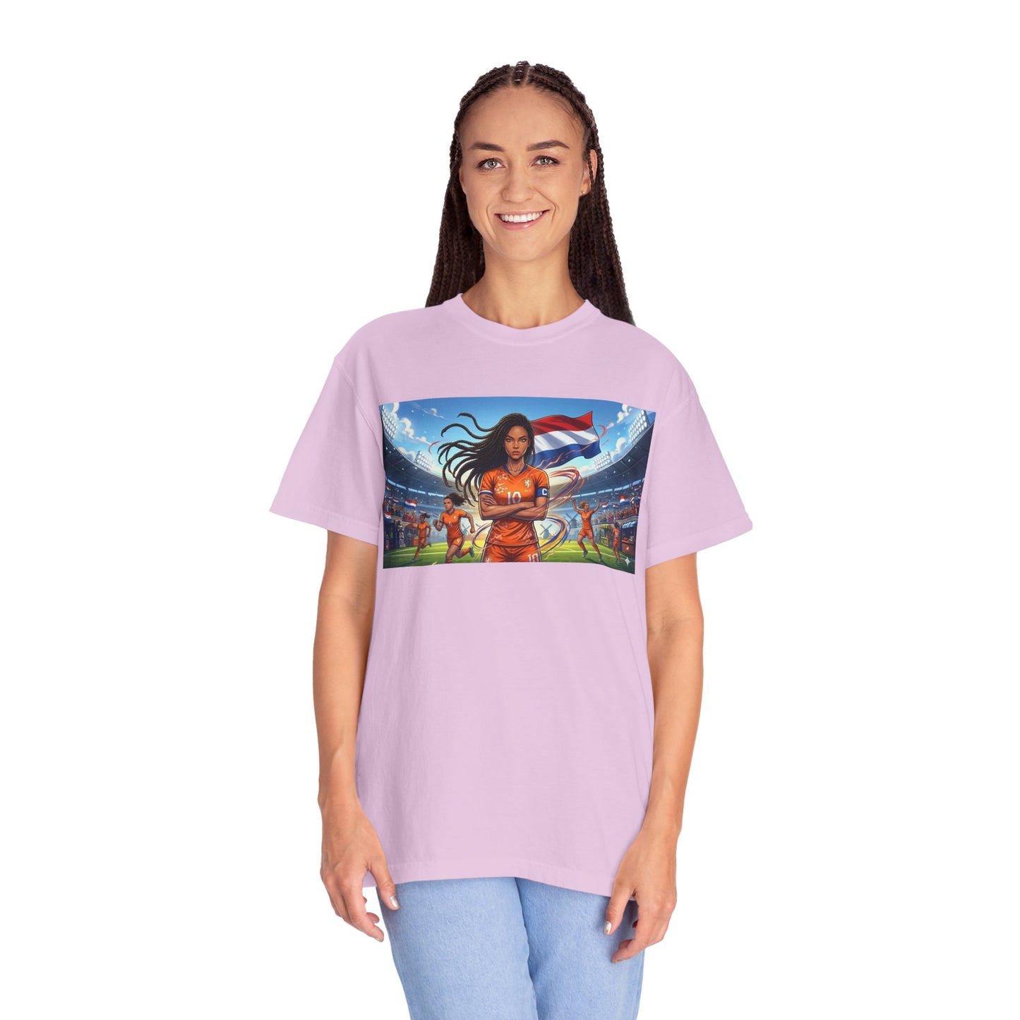 Soccer Warrior T-Shirt — Netherlands Female Captain with Flag Stadium Graphic