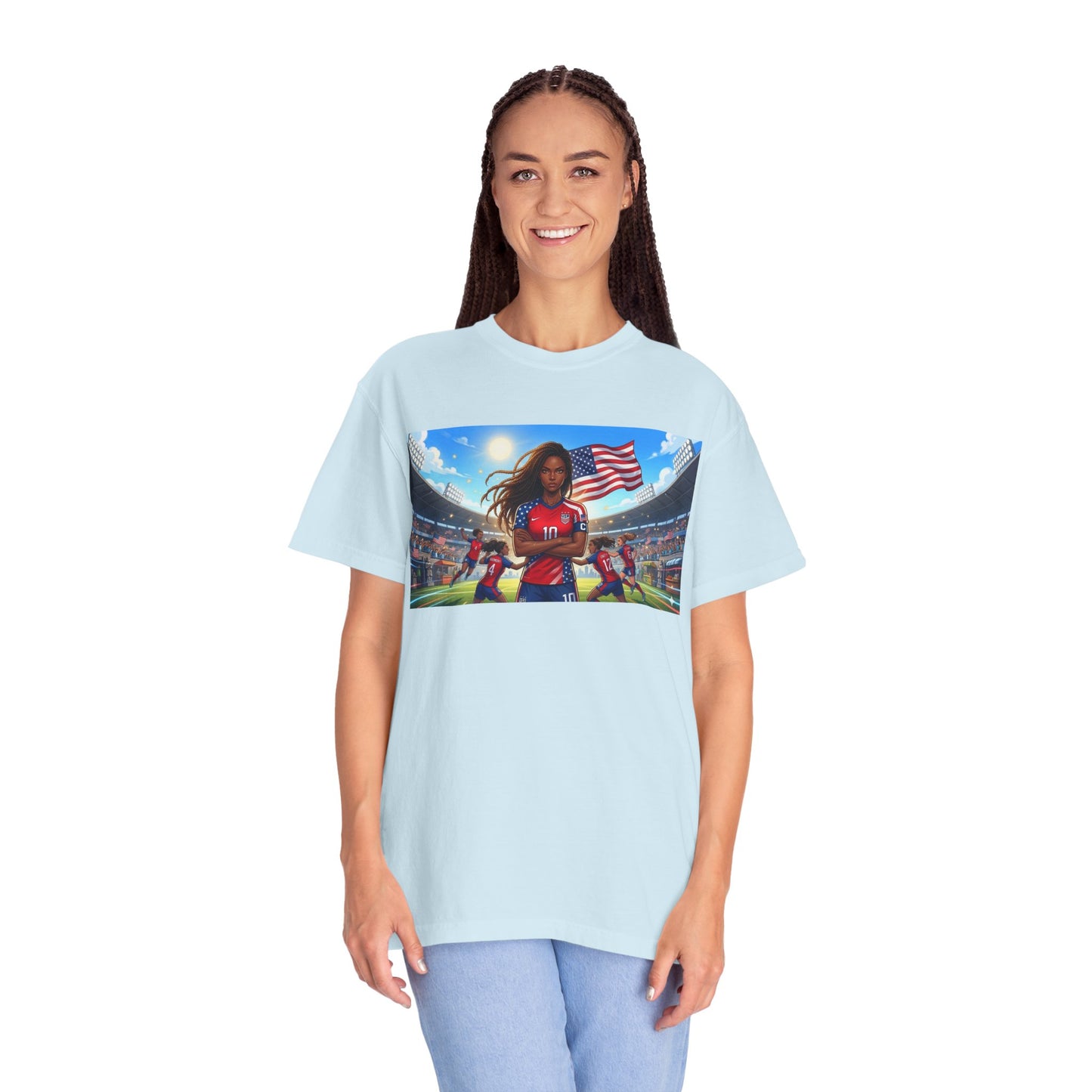 Soccer Mom USA T-Shirt — Female Soccer Player with American Flag Stadium Graphic