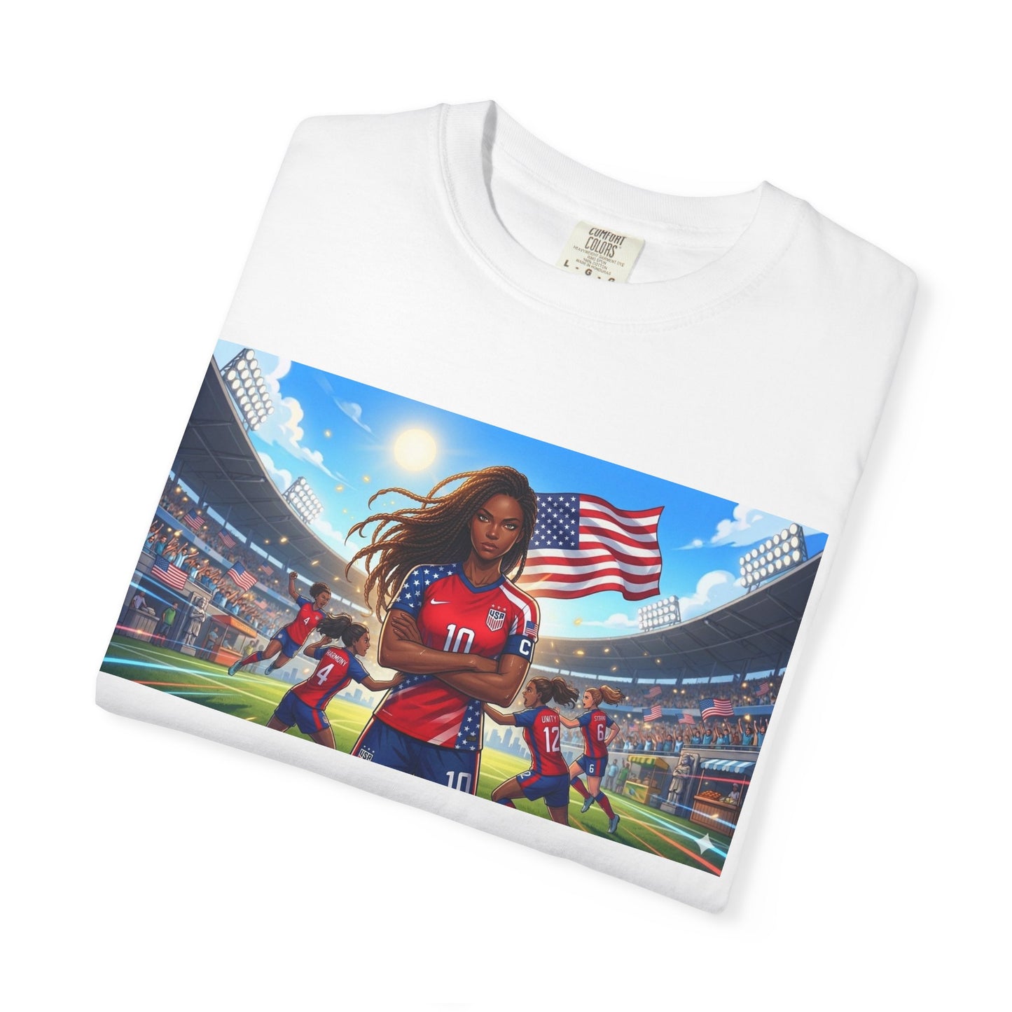Soccer Mom USA T-Shirt — Female Soccer Player with American Flag Stadium Graphic