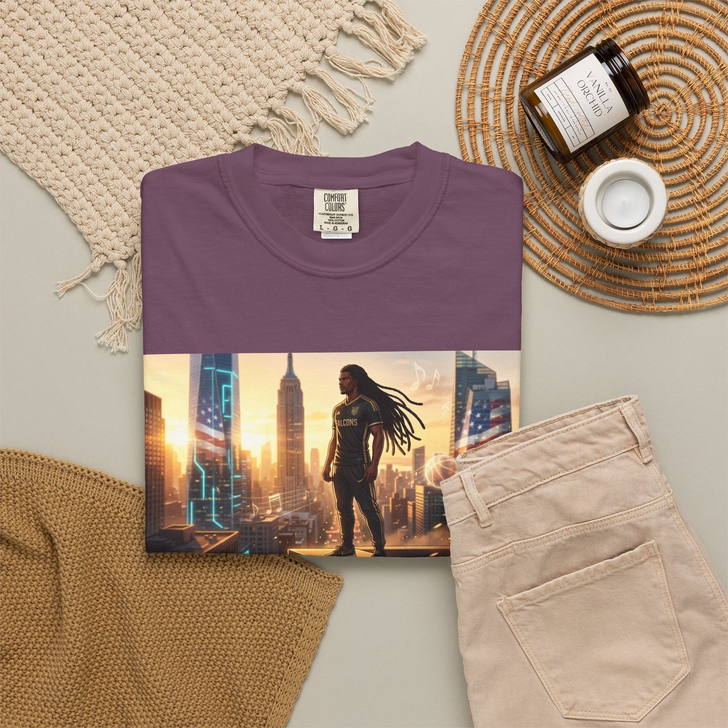Cyberpunk Cityscape T-Shirt — Silhouette Hero at Sunset