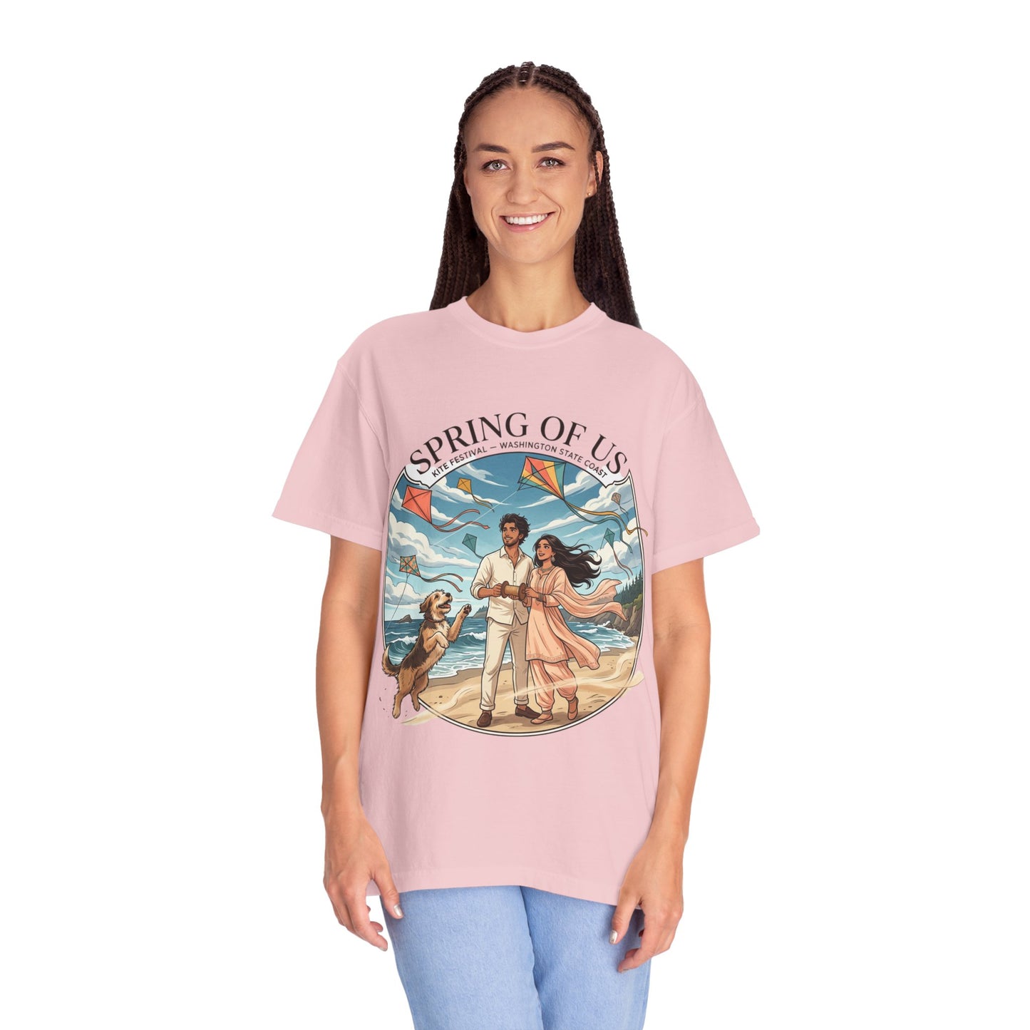 Spring of Us T-Shirt — Romantic Beach Couple Illustration with Dog