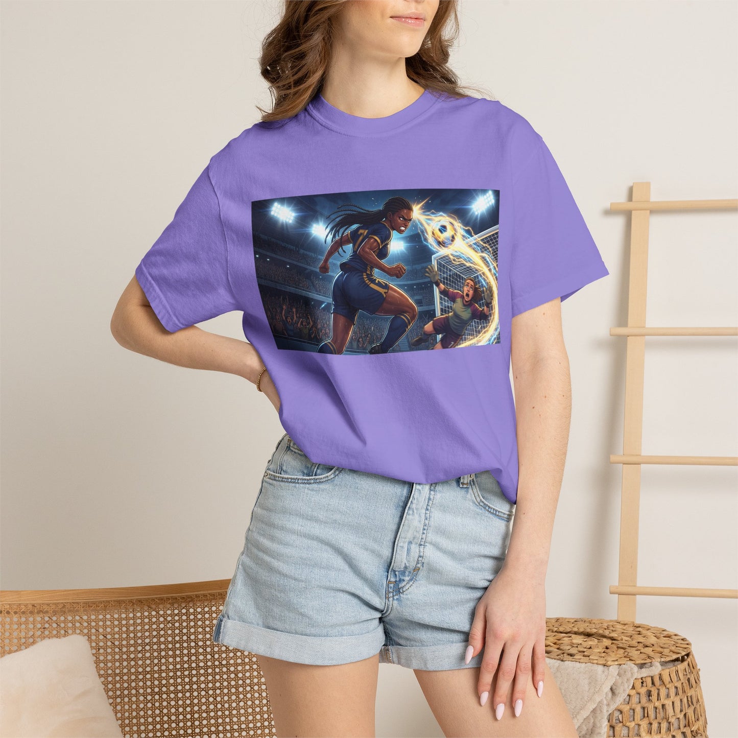 Soccer Duel Graphic T-Shirt — Futuristic Goalkeeper vs Striker Stadium Print