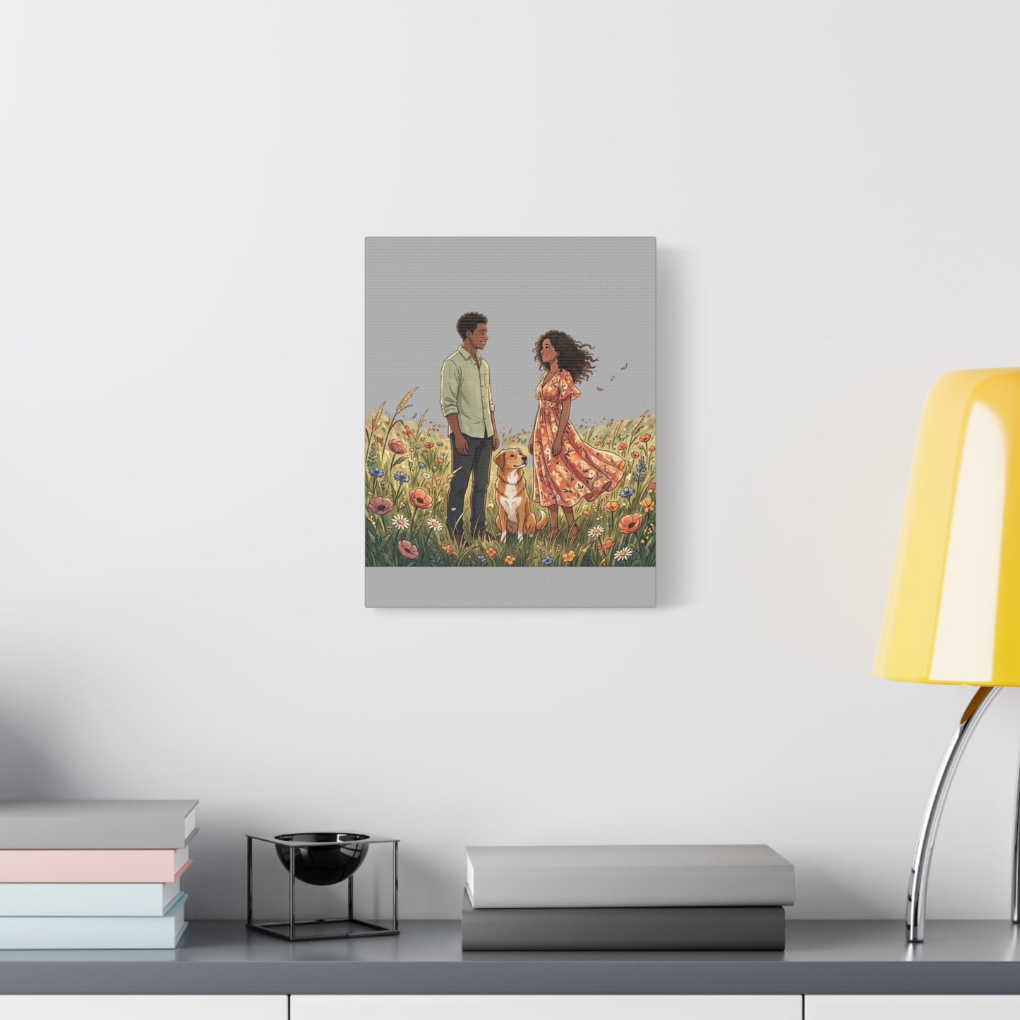Romantic Couple in Wildflower Field Canvas Art — Black Love Wall Decor with Dog