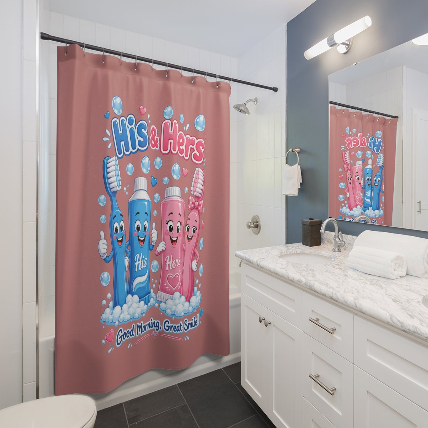 Fresh Start Together, Brush & Bliss Shower Curtain — Cute Couples Bathroom Decor