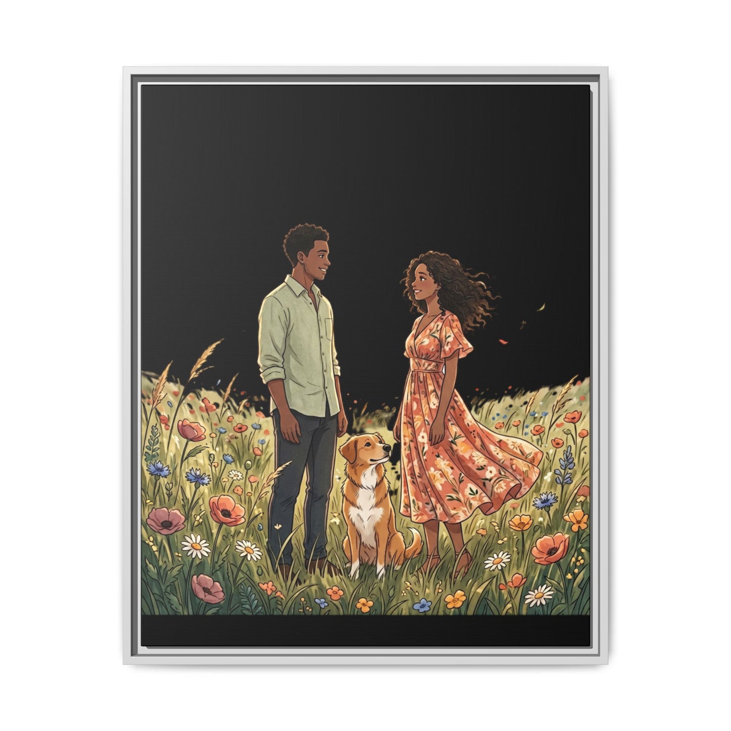 Framed Matte Canvas Print — Romantic Couple in Wildflower Field (Multi‑Color)