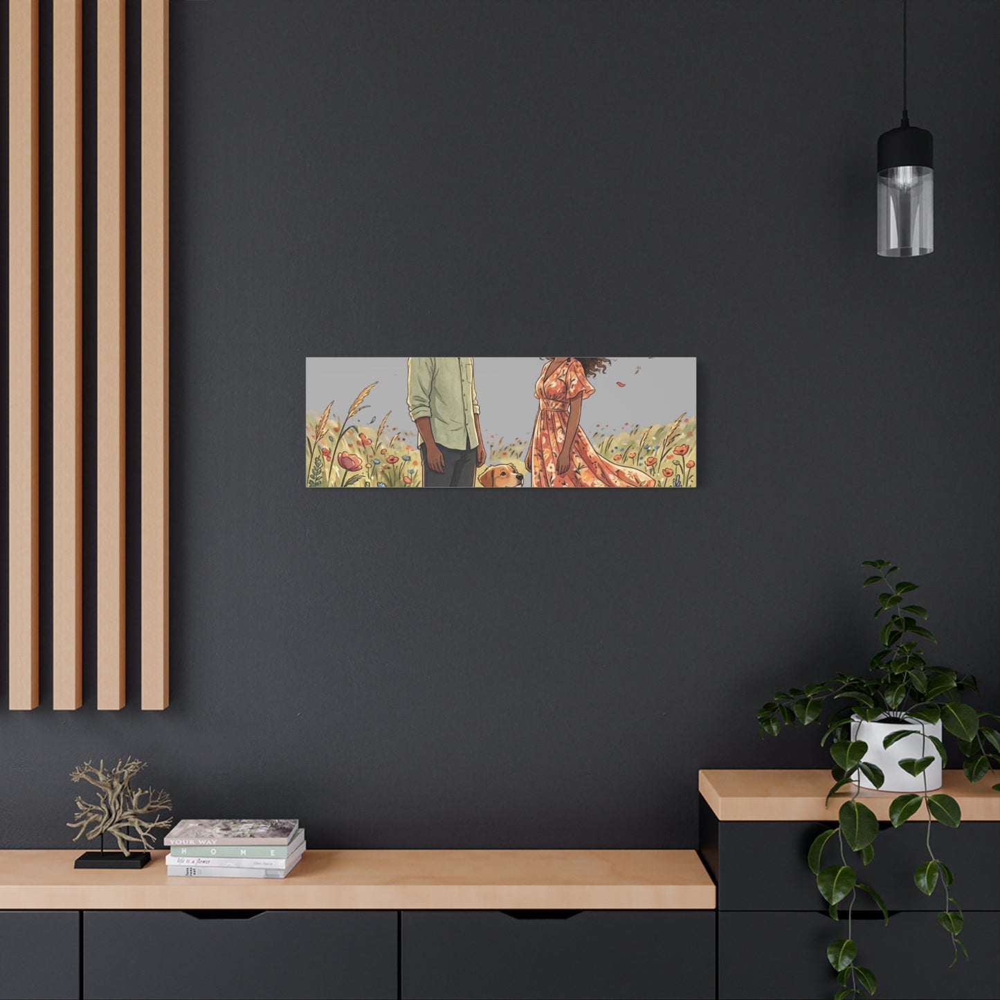 Romantic Couple in Wildflower Field Canvas Art — Black Love Wall Decor with Dog