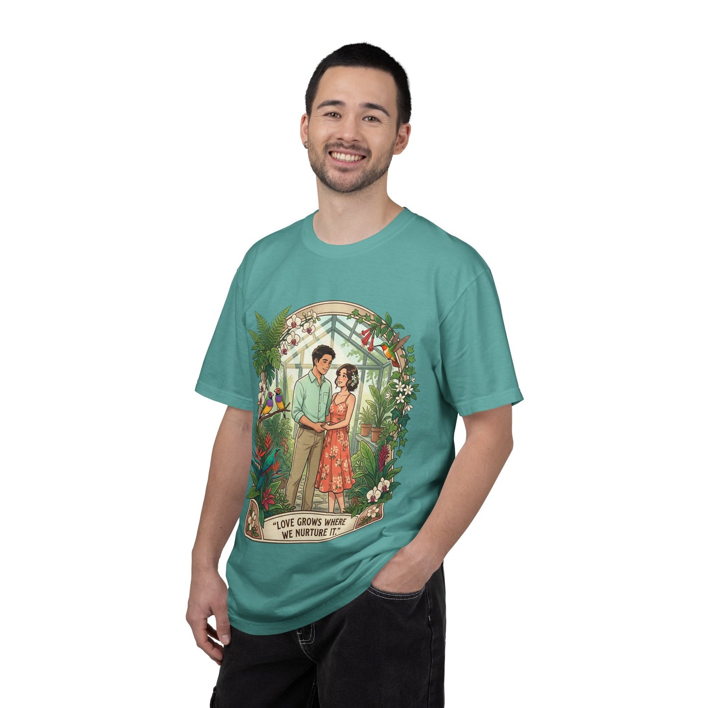 Romantic Greenhouse Couples T-Shirt — “Love Grows Where We Nurture It”