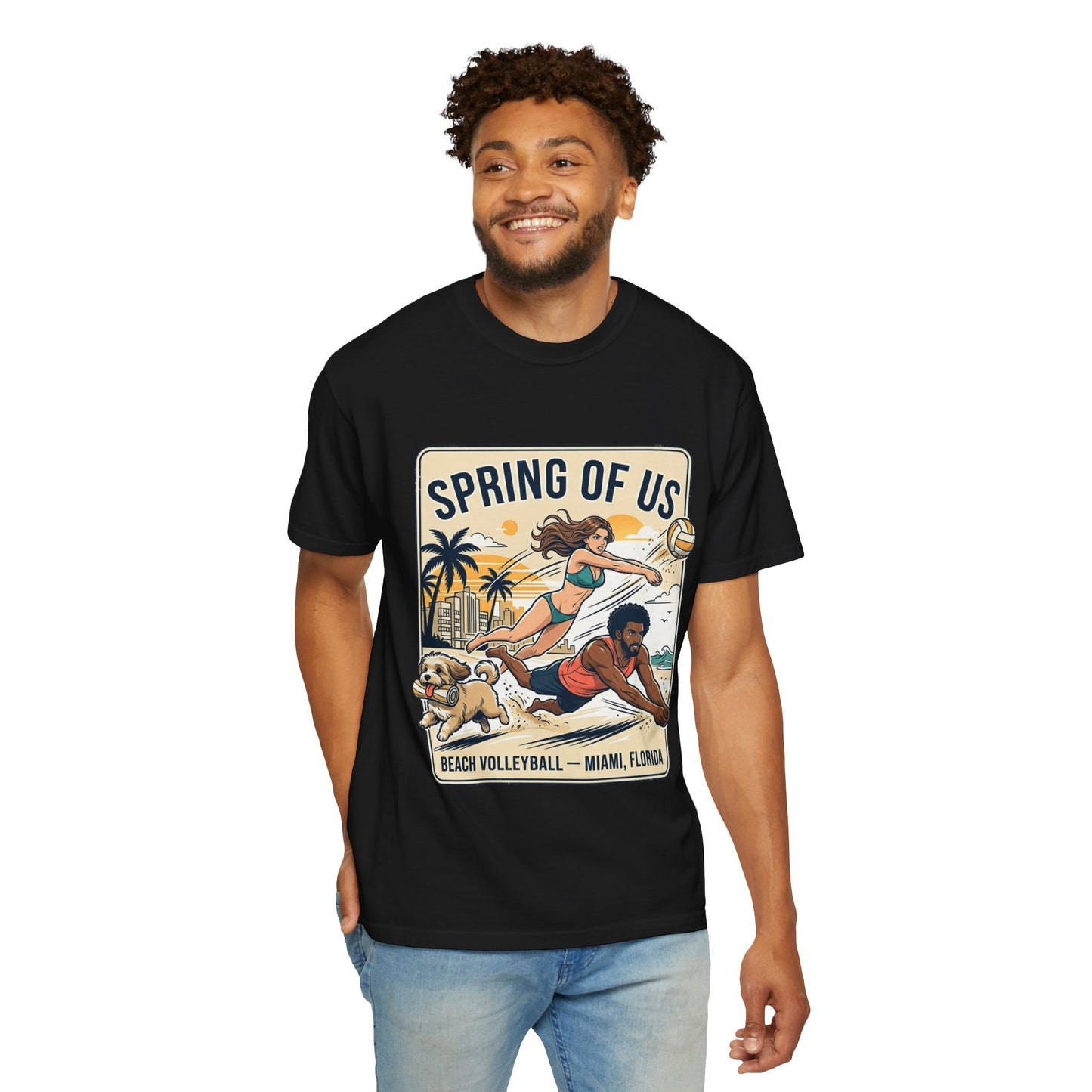 Spring of Us Beach Volleyball T-Shirt — Miami, Florida Retro Sun & Palm Tee