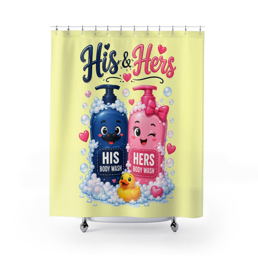 His & Hers Shower Curtain – Cute Blue & Pink Body Wash Design with Hearts and Rubber Duck