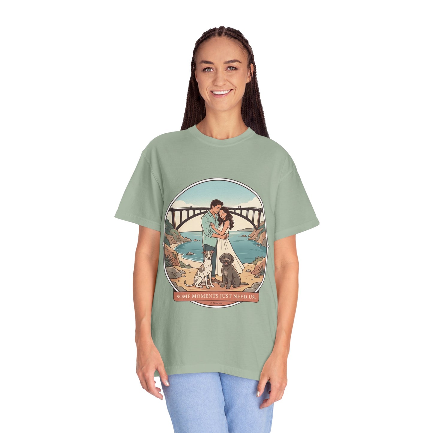 T-Shirt — Romantic Coastal Couples Tee “Some Moments Are Forever” with Dogs