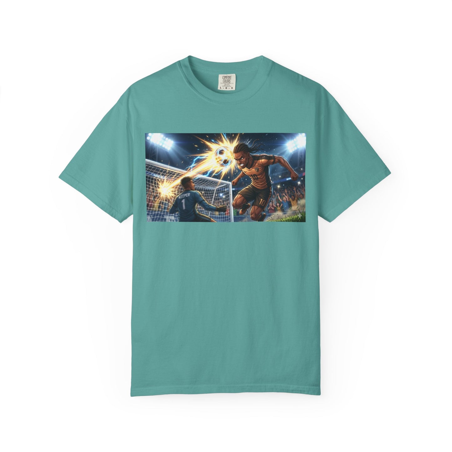 Soccer Goal Celebration T-Shirt — Action Football Scene Graphic Tee