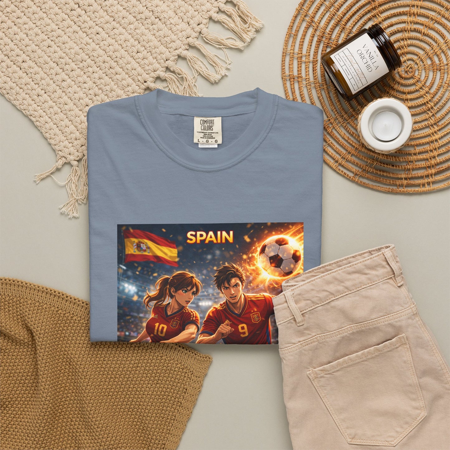 Spain Soccer Graphic T-Shirt — Retro Match Scene with Flag