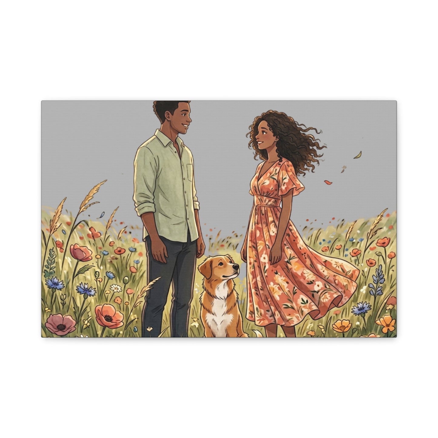 Romantic Couple in Wildflower Field Canvas Art — Black Love Wall Decor with Dog