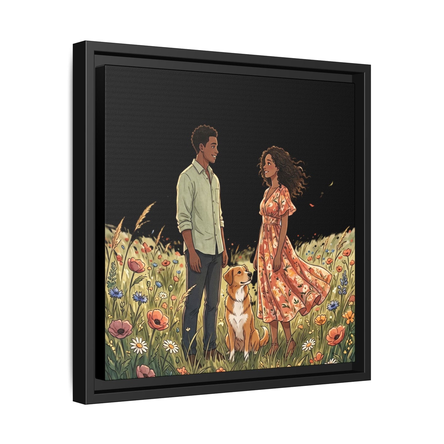 Framed Matte Canvas Print — Romantic Couple in Wildflower Field (Multi‑Color)