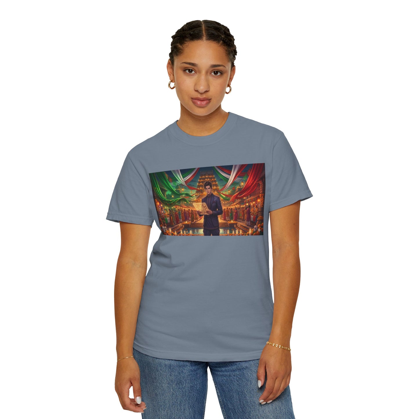 T-Shirt — Dragon Temple Night Scene Graphic Tee (Monk with Dragons)