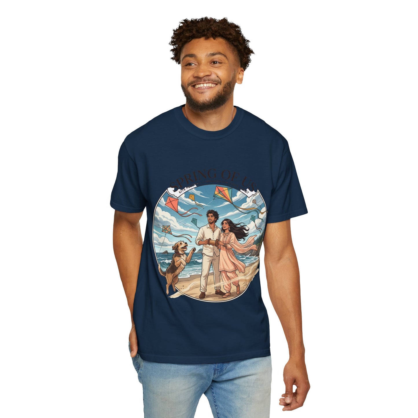Spring of Us T-Shirt — Romantic Beach Couple Illustration with Dog
